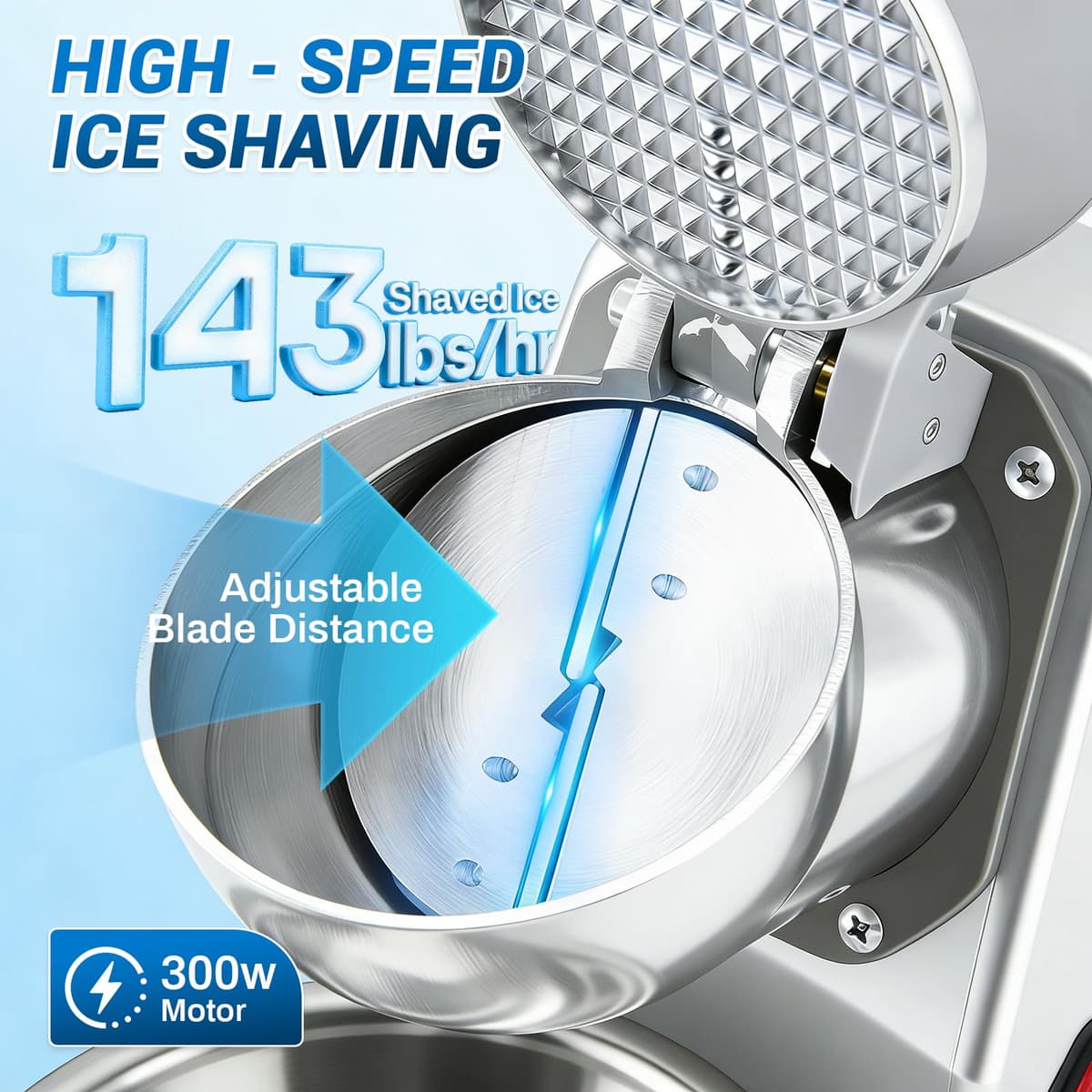 Picadora de Hielo Eléctrica Capacidad de 85 kg/h, Máquina de Hielo Picado con 2 Cuchillas, en Acero Inoxidable, 2200 RPM, para bebidas frías, batidos, para Bares, Restaurantes, Supermercados, Plateado — view 3