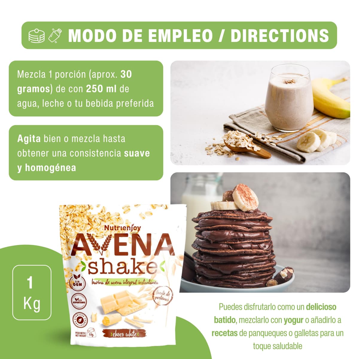 NutriEnjoy - Avena Shake 1Kg | Copos de Avena Integral Molidos | Harina de Avena Sabores | Avena en Polvo | Harina de Avena Integral | Avena Instantánea Sabores Deliciosos (Chocolate Blanco) — view 3