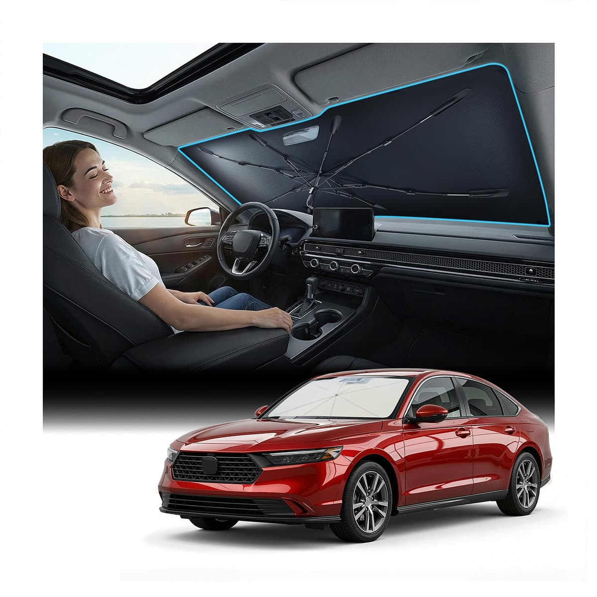 [Upgraded] Nmoiss Windshield Sun Shade Umbrella - [Vinyl Coating Heat Shield] Protect Car from Sun Rays & Heat Damage Keep Cool and Protect Interior, Spring Structure Edge Medium 56" L x 31" W — view 10