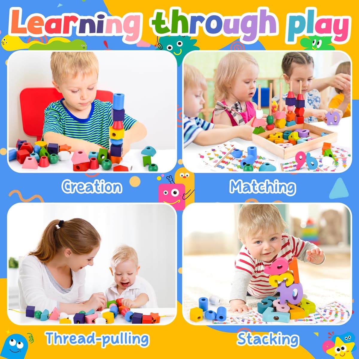 Wooden Montessori Toys Educational Games,4 in 1 Montessori Stacking and Threading Wooden Games,Educational Games Children 2 3 4 Years,Gifts for Boys Girls 1 2 3 Years Old — view 5