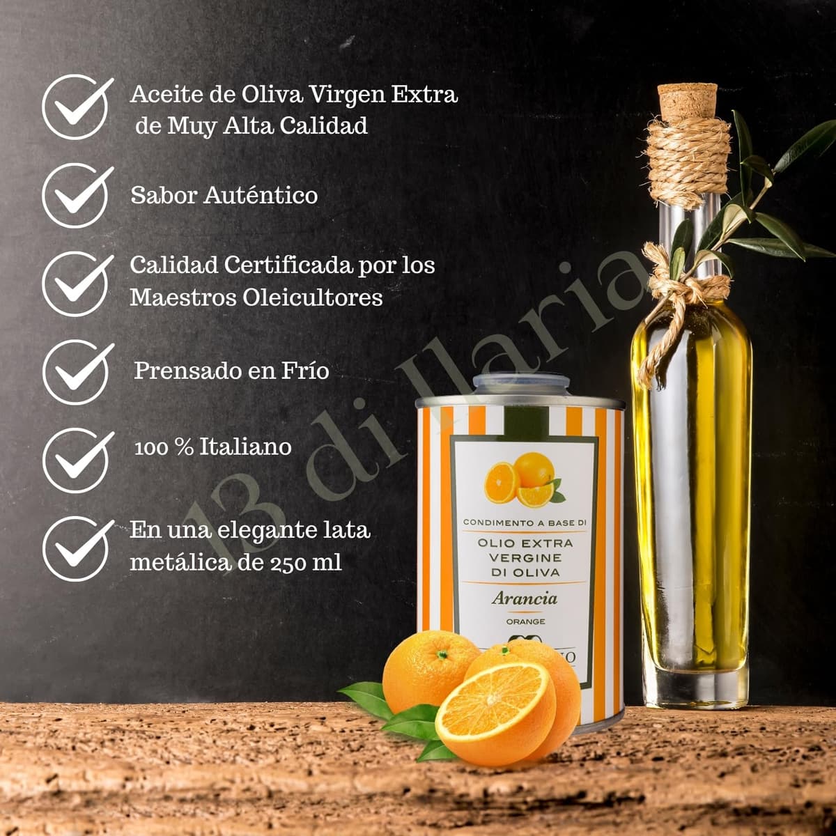 Aceite de Oliva Virgen Extra con Naranja 250 ml | Lata Gourmet, Italiano Artesanal | Sabor Cítrico y Fresco | Prensado en Frío • 13 di Ilaria — view 3