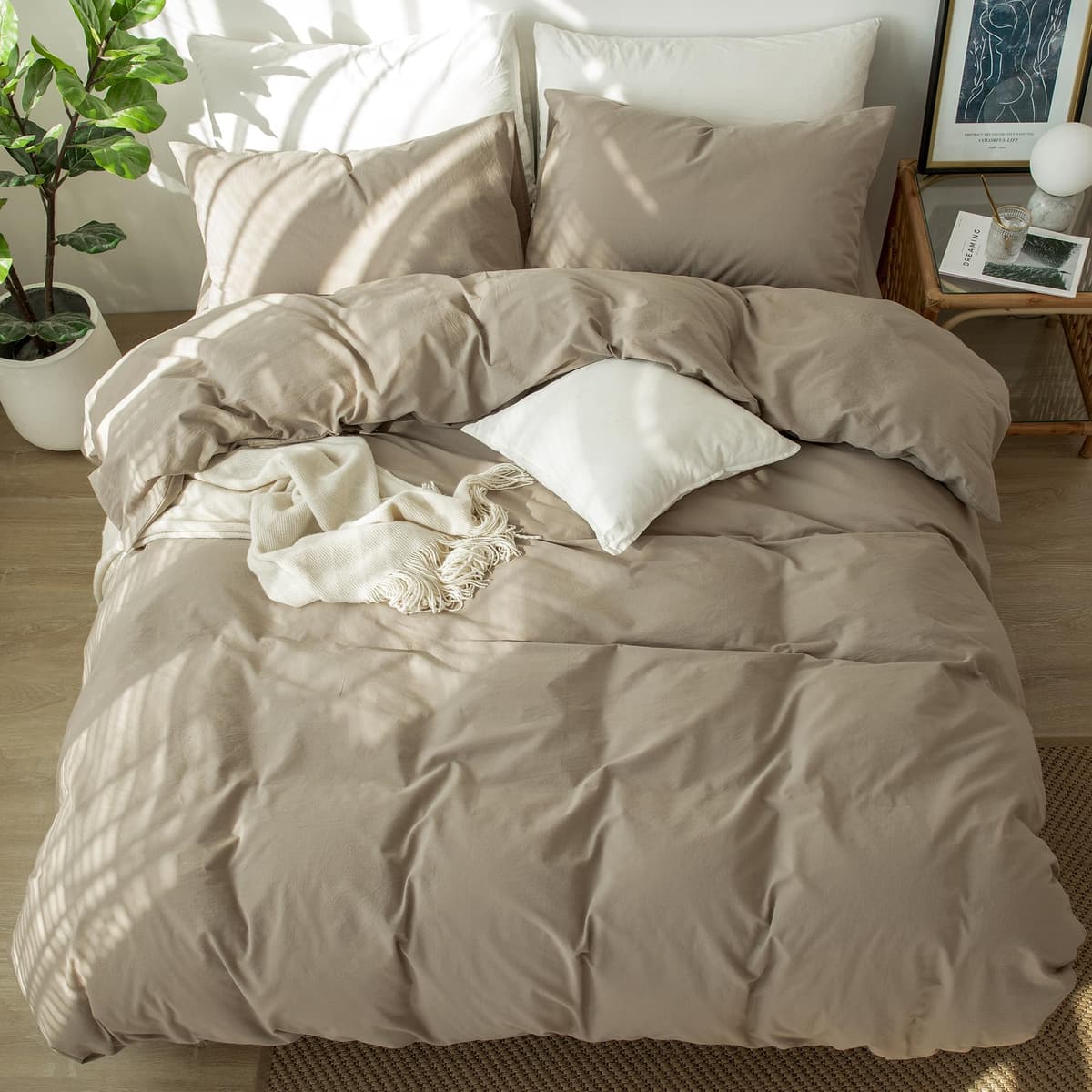 MooMee Bedding Duvet Cover Set 100% Washed Cotton Linen Like Textured Breathable Durable Soft Comfy (Tannish Linen Grey, King) — view 62