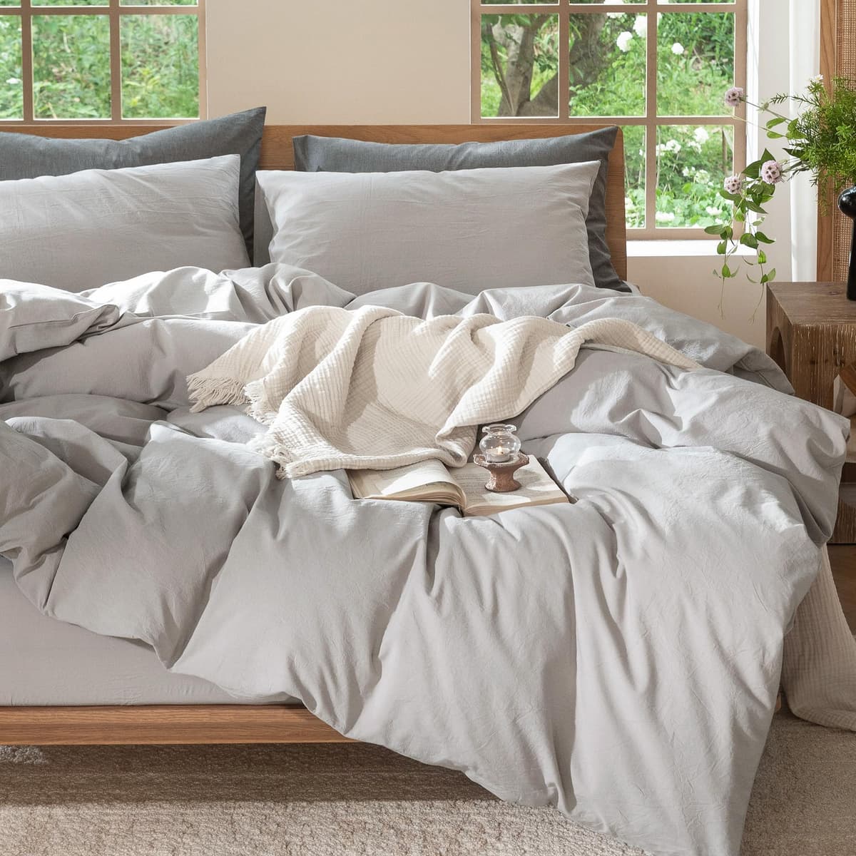 MooMee Bedding Duvet Cover Set 100% Washed Cotton Linen Like Textured Breathable Durable Soft Comfy (Tannish Linen Grey, King) — view 223