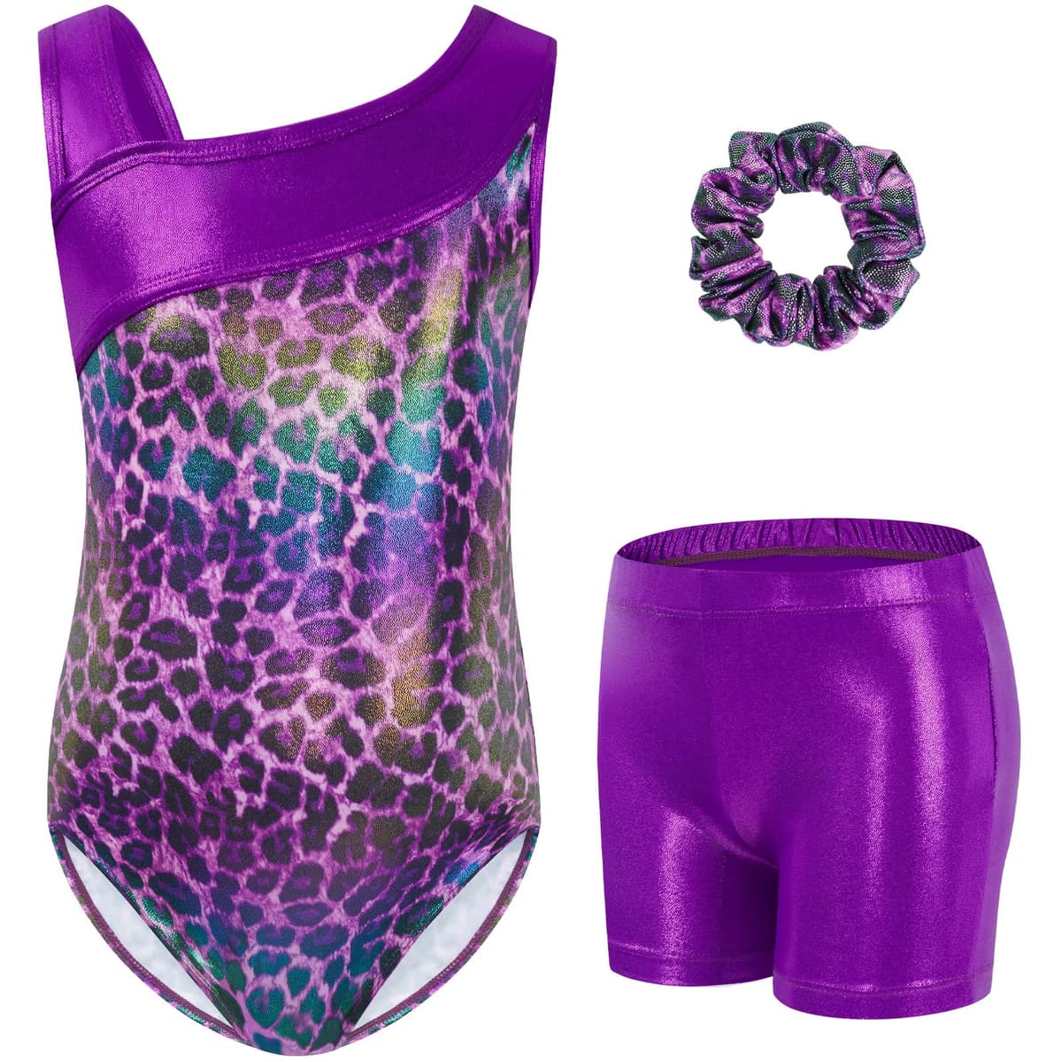 Gogokids Conjunto de gimnasia de tres piezas para niña, cuello en Y, sin mangas, con pantalones cortos y diadema, traje de gimnasia con diseño de bloques de color azul y morado, 3-12 años — view 18