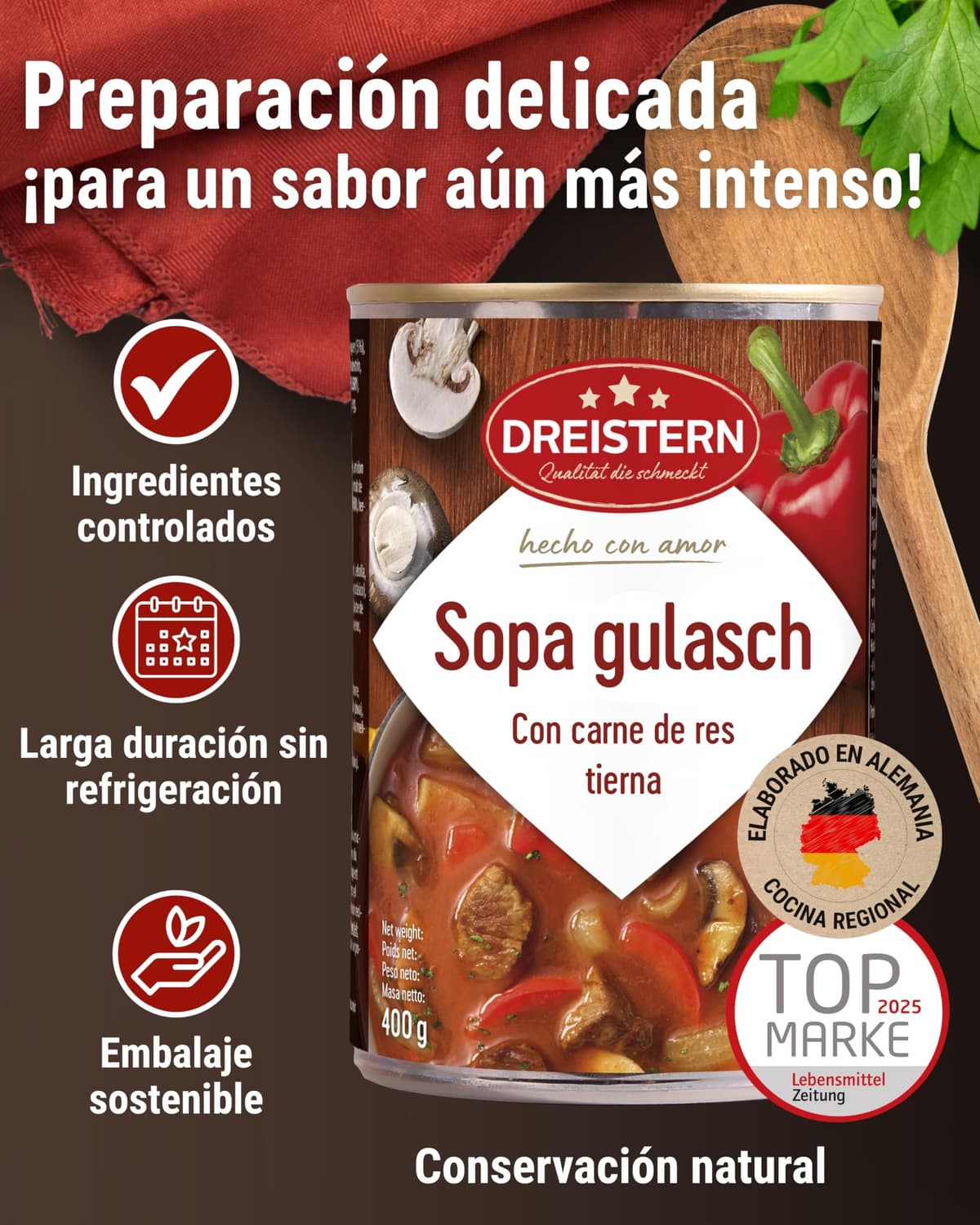 DREISTERN Sopa de Gulash Picante 400 g I Con carne de res tierna & verduras I Guiso picante en lata reciclable I Larga duración gracias a la conservación natural I Calidad casera — view 2