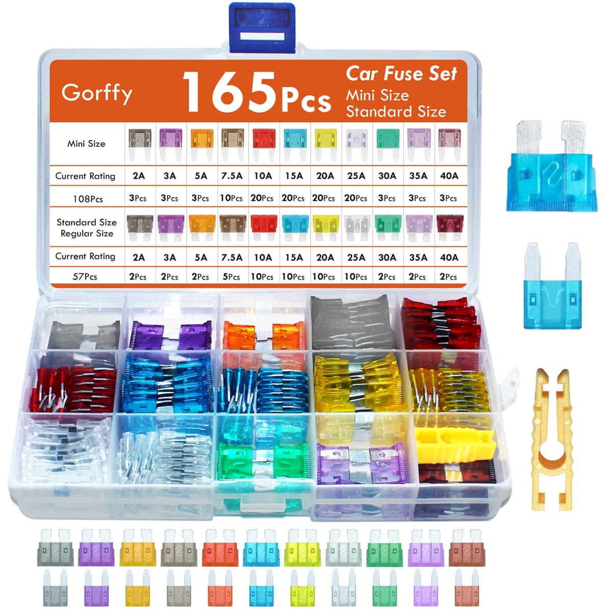 Car fuses 165Pcs, Gorffy Car Fuse Assorted 108 Mini + 57 Standard Blade Fuses 2A 3A 5A 7.5A10A 15A 20A 25A 30A 40A with Storage Case and Fuse Extrator for Automotive ATM/ATC/ATO