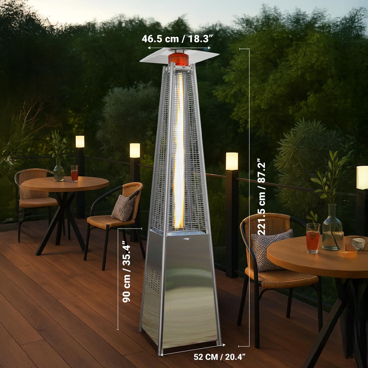 BU-KO Outdoor Patio Gas Heater | Garden, Camp, BBQ Parties | Stainless Steel Pyramid Style 13kw Propane Burner | Portable Wheels, Regulator & Hose | LPG Warm Heating Fire & Water Proof Cover Included — view 2