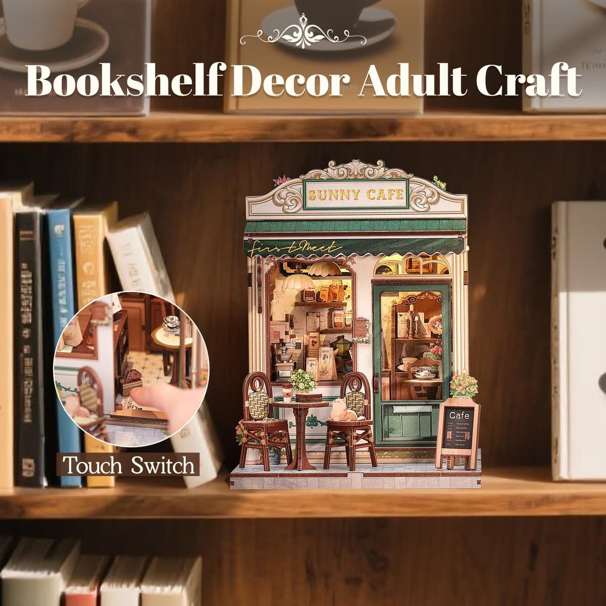 Fsolis Book Nook Kit - Miniature Dollhouse Coffee Shop | Puzzle 3D DIY para decoración de estanterías | Regalo Atemporal para niñas y Mujeres artísticas (Sunny Cafe) — view 2