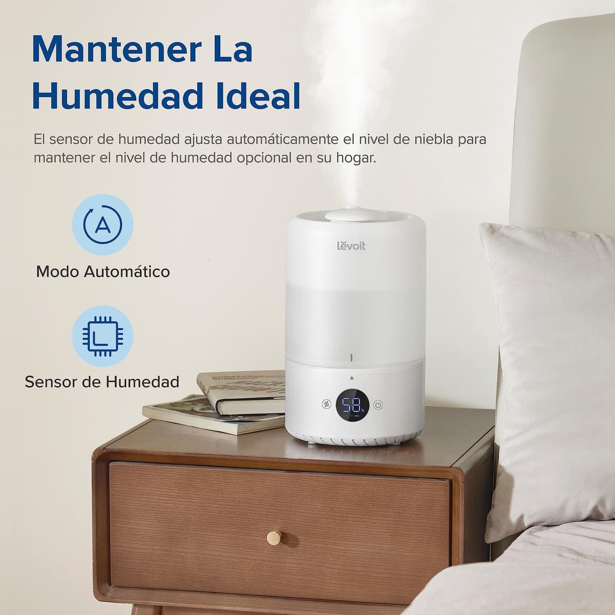 LEVOIT Humidificador Inteligente de Niebla Fría para Habitación y Bebé con Sensor, Control por APP y Voz, Difusor Aceites Esenciales, Temporizador a Cuarto,＜28dB, 3L Top-Fill, Blanco — view 3