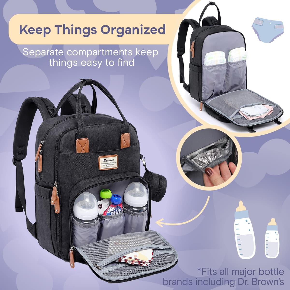 RUVALINO Baby Changing Bag Backpack, Neutral All-in-One Baby Bags for, Multifunction Large Travel Backpack with Portable Changing Pad, Stroller Straps, Pacifier Case and Insulated Pockets — view 4