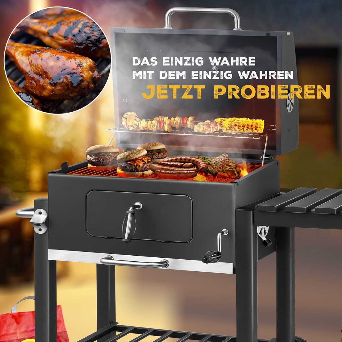 KESSER® Parilla de Carbón con Carrito Grill con Tapa, Ruedas, Mango de Acero Inoxidable | Barbacoa y Termómetro Carbón Grande BBQ Asador Camping, Terraza, Jardín XL Gris — view 2