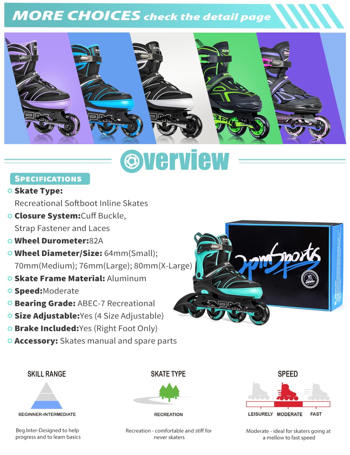 2PM SPORTS Regulable Patines en línea para Hijo para niños y niñas con Ruedas de PU 82A — view 4