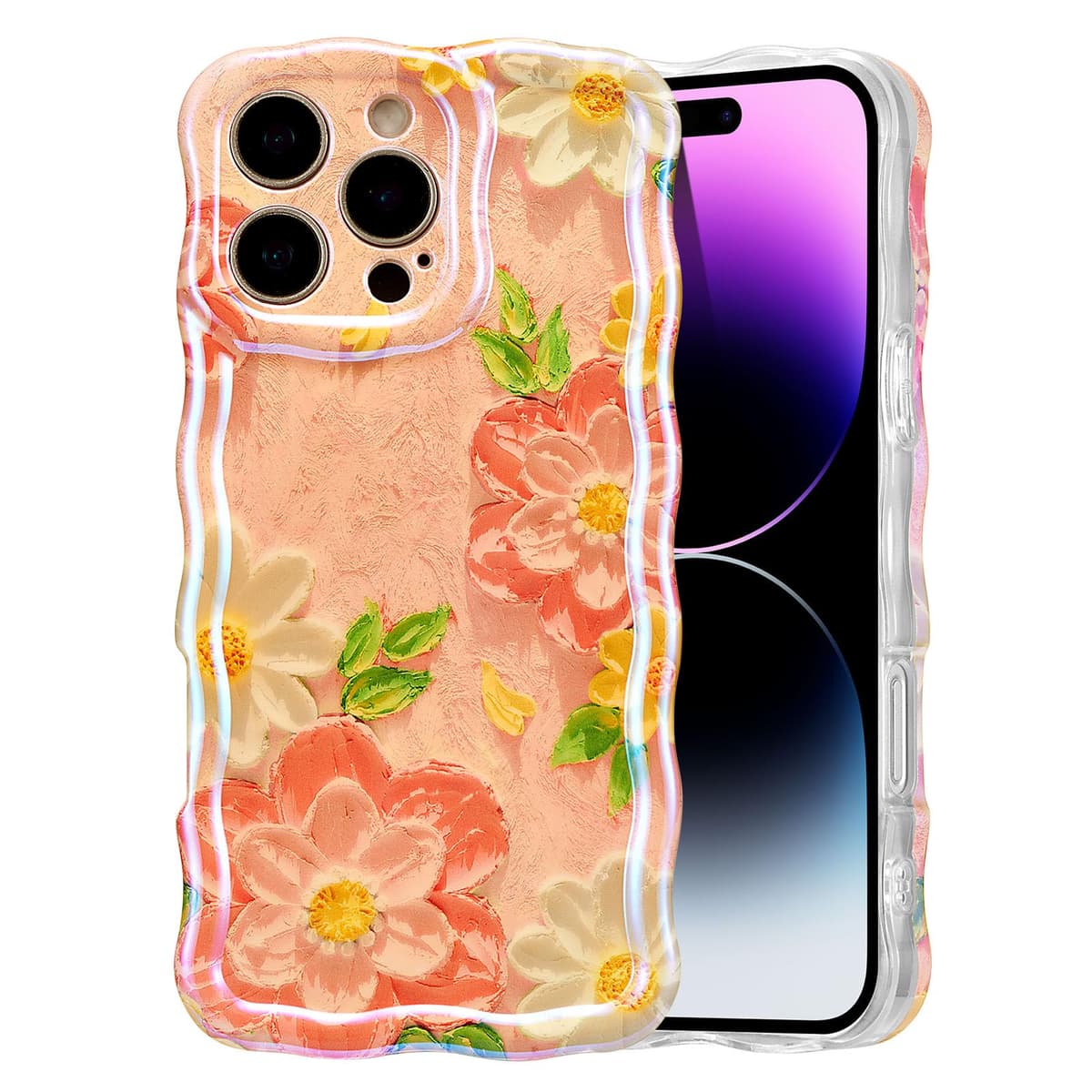 EYZUTAK Case for iPhone 16, Colorful Retro Oil Painting Printed Flower Laser Glossy Pattern Cute Curly Wave Edge Exquisite Phone Cover Stylish Durable TPU Protective Case for Girl Women-Green — view 44