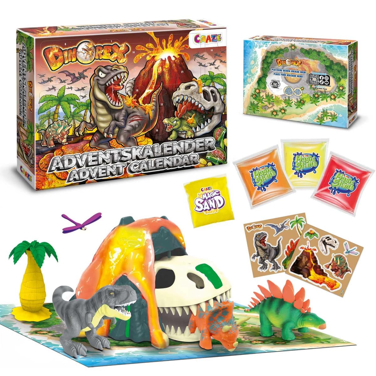 CRAZE Calendario De Adviento Con Juguetes Dino Playset, Calendario De Dinosaurios Para Niños, El Calendario Incluye Un Volcán Con Lava De Slime, 24 Sorpresas De Dinosaurios Para Navidad