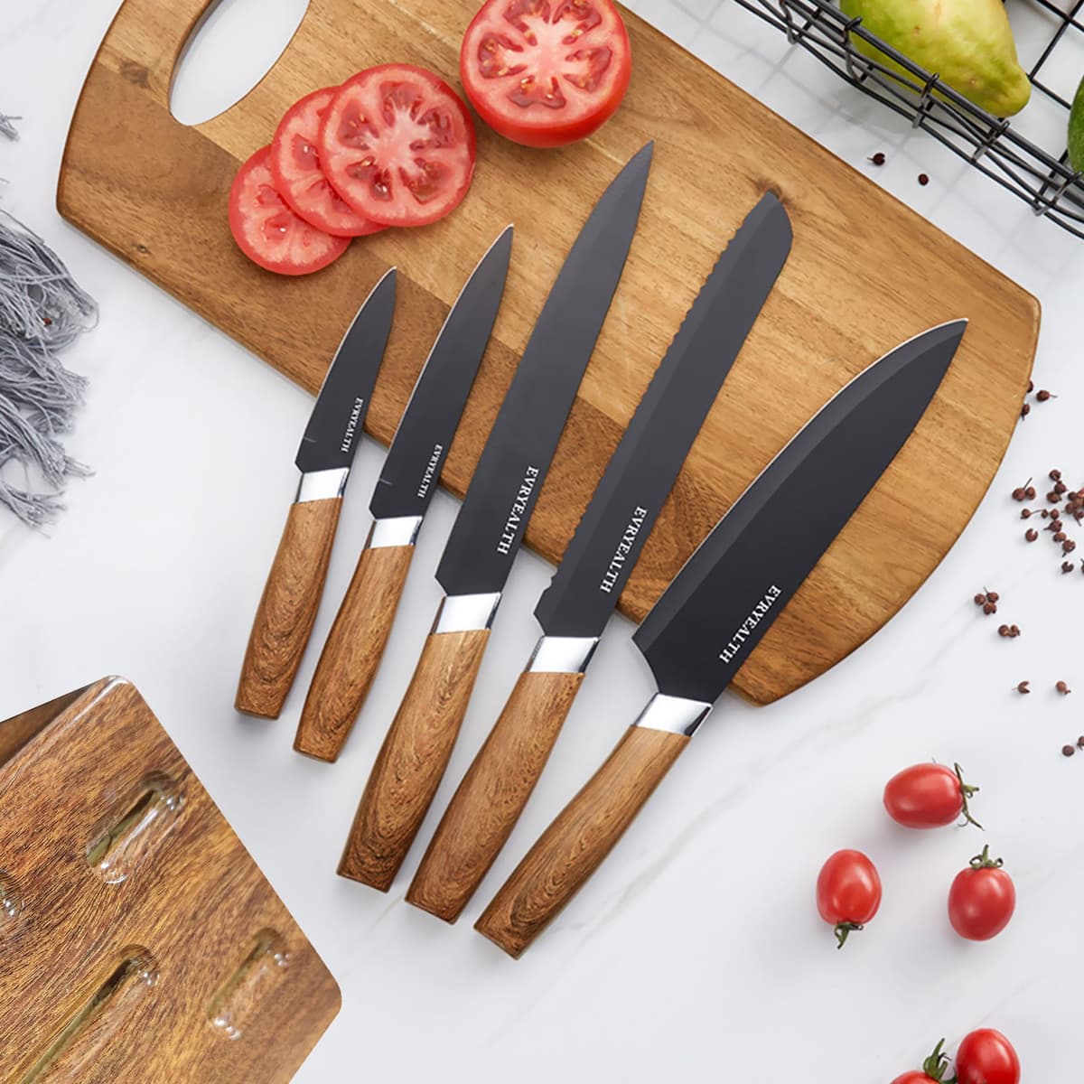 Kitchen Knife Set - 5 Piece Knife Set with Block, Wood Grain Handle, Stainless Steel Knivese with Chef, Bread, Slicer, Paring Knife for Cutting Meat/Vegetables/Fruit. — view 3