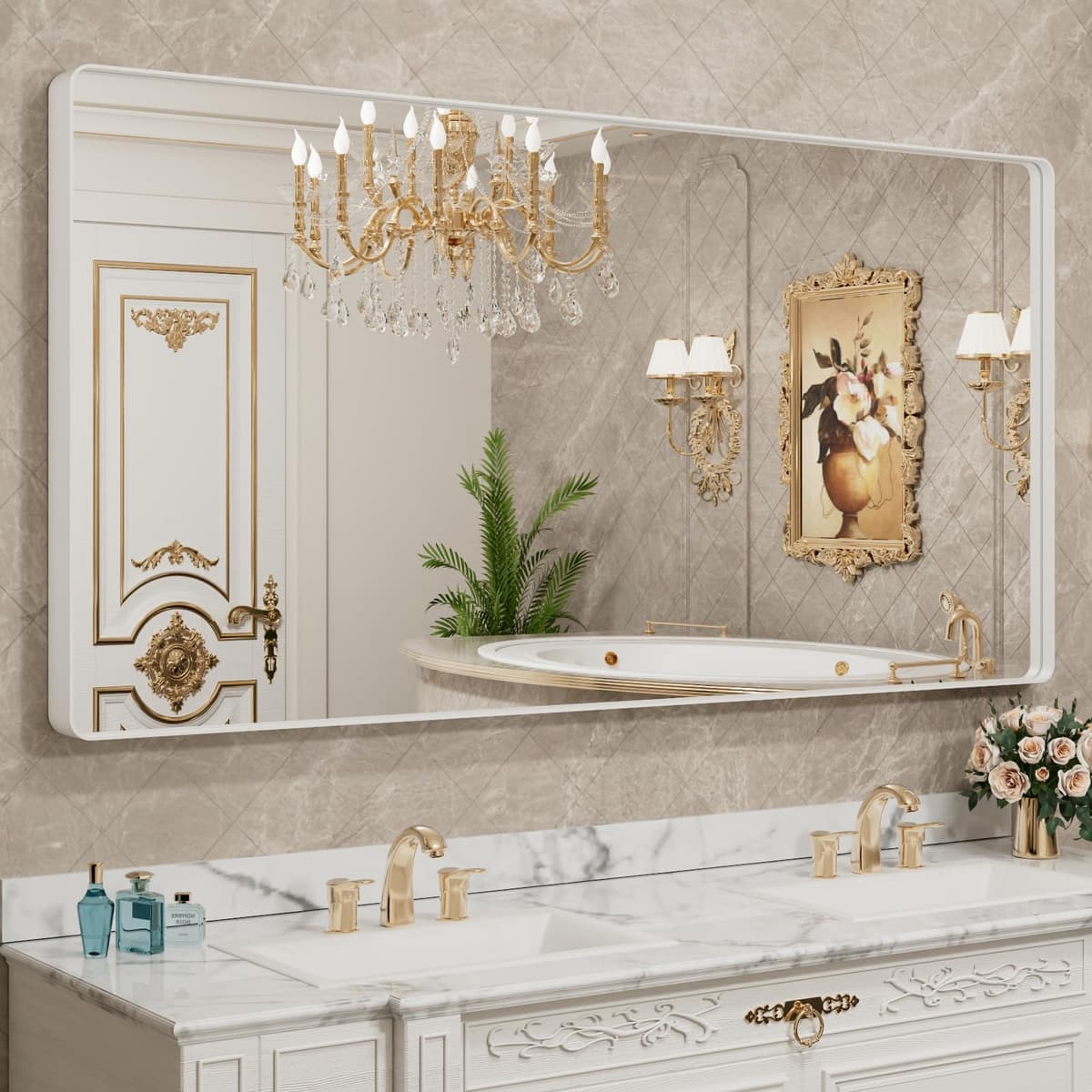 LOAAO 48”X36” Gold Bathroom Mirror, Rounded Rectangle Gold Frame Mirror, Brushed Gold Bathroom Vanity Mirror Wall-Mounted, Anti-Rust, Tempered Glass, Hangs Horizontally or Vertically — view 19