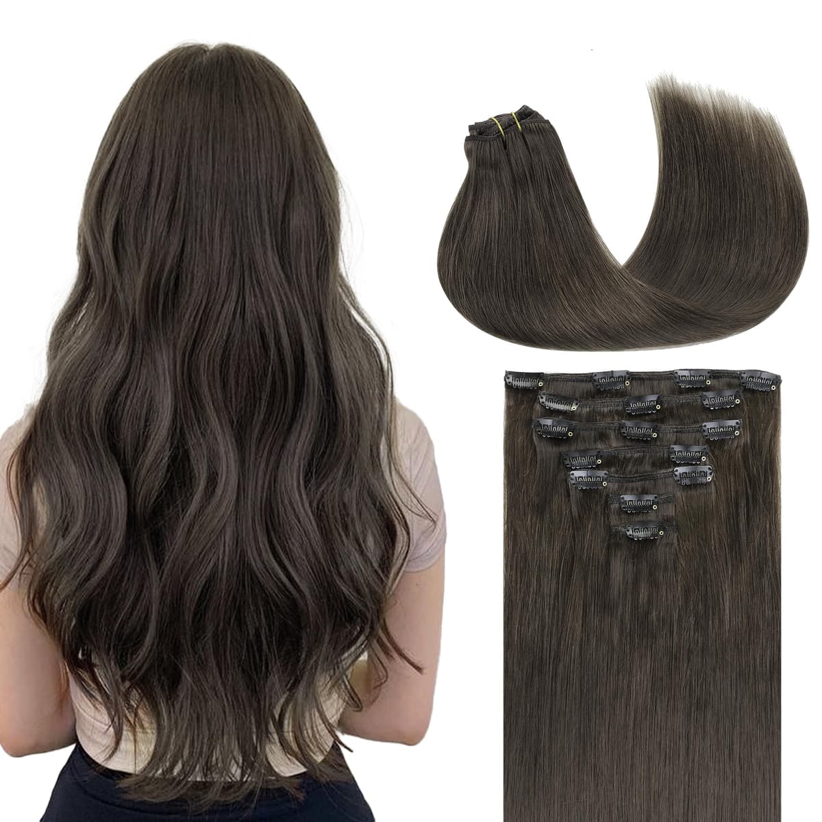 GOO GOO Clip in Hair Extensions Human Hair, 18inch 150g 9Pcs, #2 Dark Brown, Hair extensions for women, Human Hair Extensions Clip in — view 30