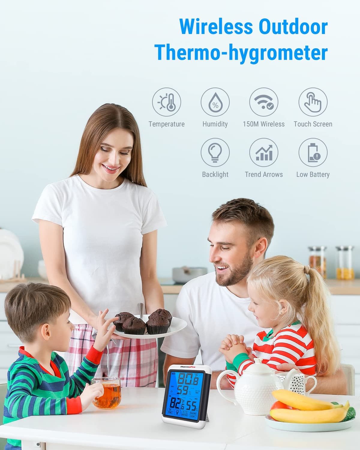 ThermoPro TP65C Digital Wireless Hygrometer Indoor Outdoor Thermometer Wireless Temperature and Humidity Monitor with Touchscreen Backlight Weather Station, 500 Feet or 150 Meter Range — view 2