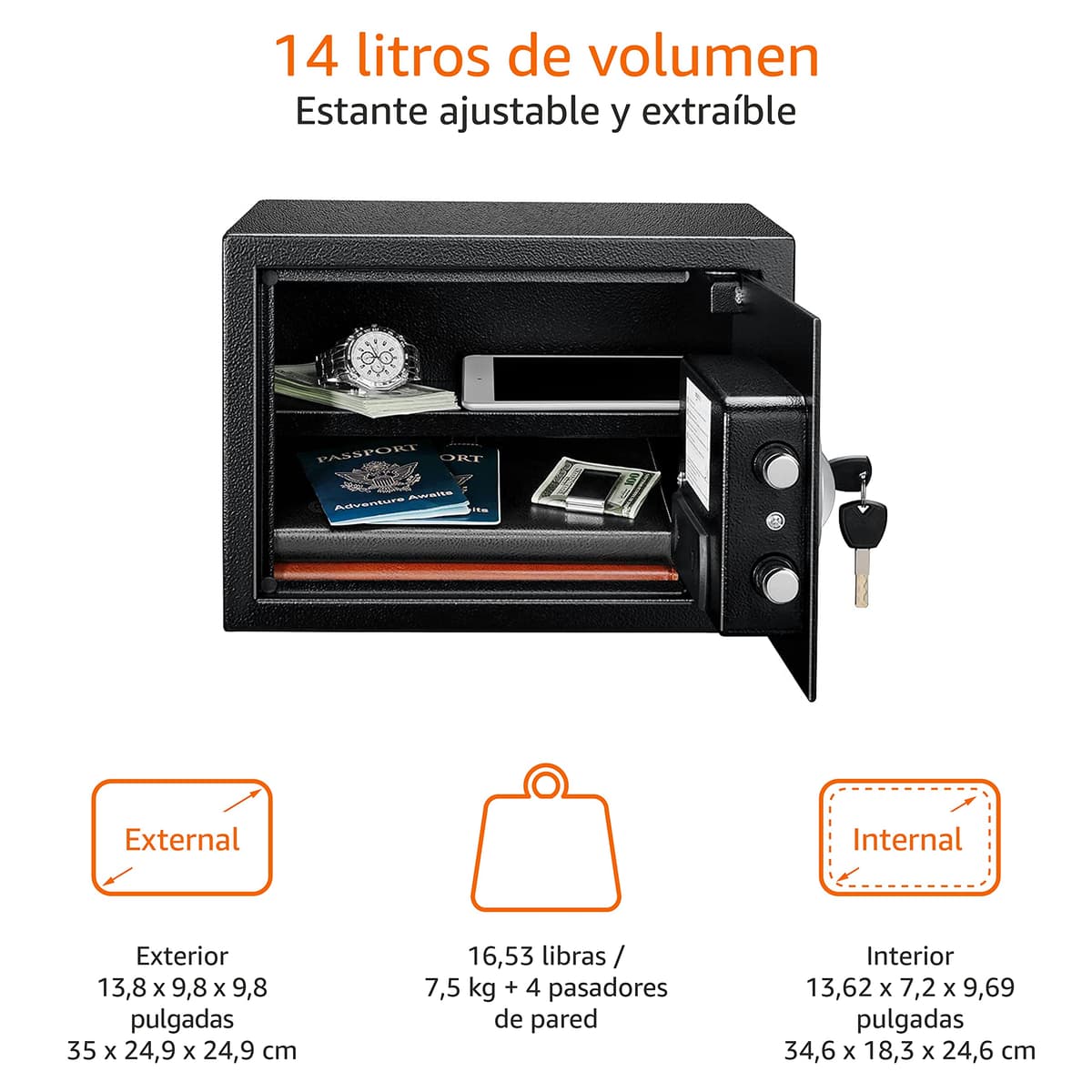 Amazon Basics Caja Fuerte de Seguridad de Acero con Cerradura con Teclado, Protege Dinero, Joyas, Documentos de identificación, 14 l, 35 cm x 25 cm x 25 cm, Color Negro — view 4
