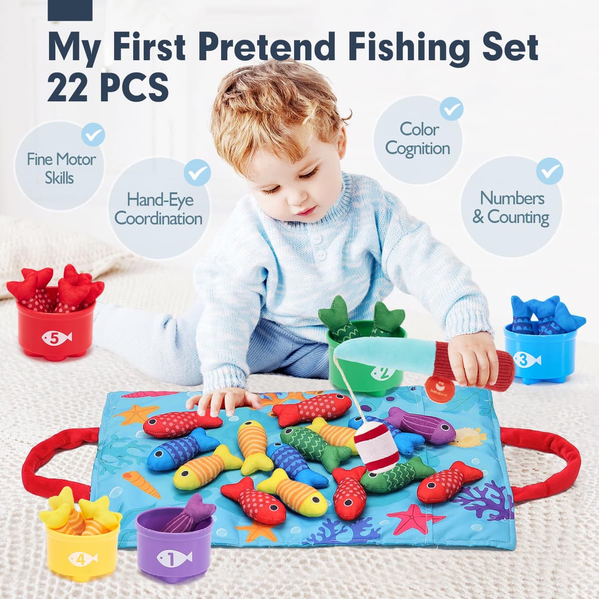 hahaland Montessori Toys for 1 Year Old, 10 in 1 Fabric Fishing Game for Kids Baby Toys for 1 2 3 Year Old Boys Girls, with Stacking Cups- Number Counting, Color Sorting, Shape Learning Baby Gifts — view 2