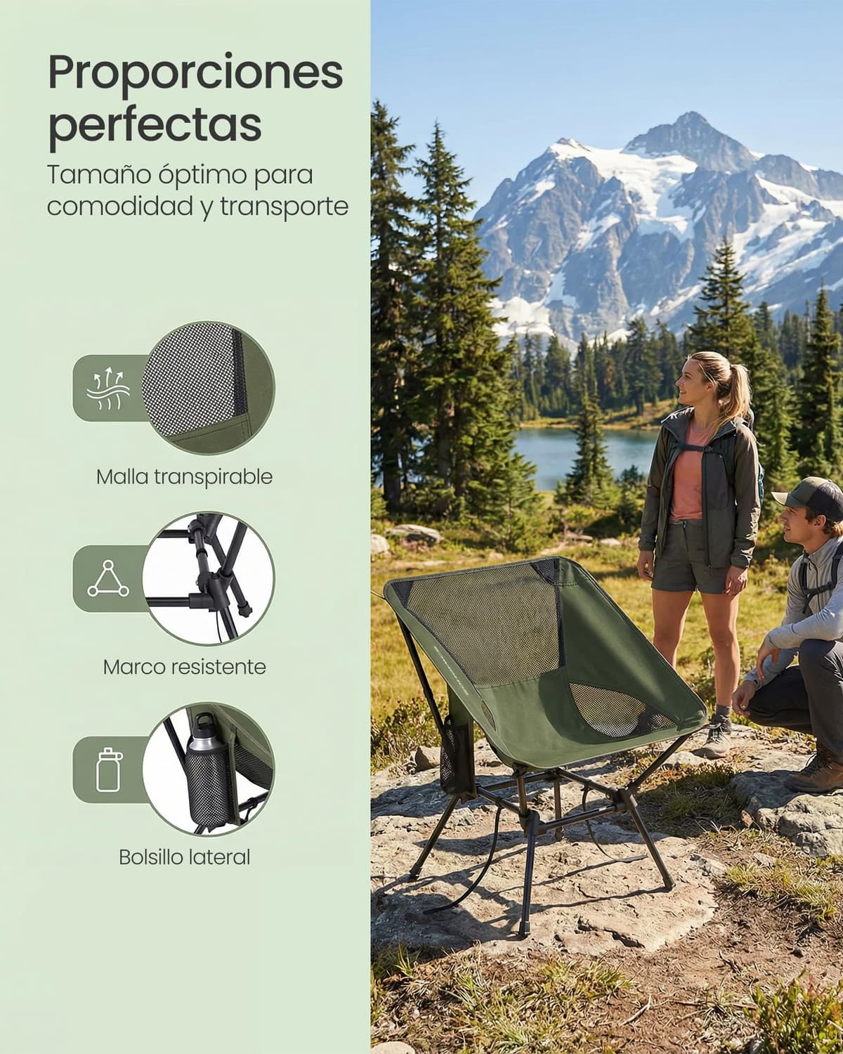 SONGMICS Silla de Camping con Respaldo Bajo, Juego de 2, Silla de Exterior Plegable de Altura Ajustable, Marco de Acero, Carga de 150 kg, con 2 Bolsillos, para Viajes, Verde GCB052CZ01 — view 5