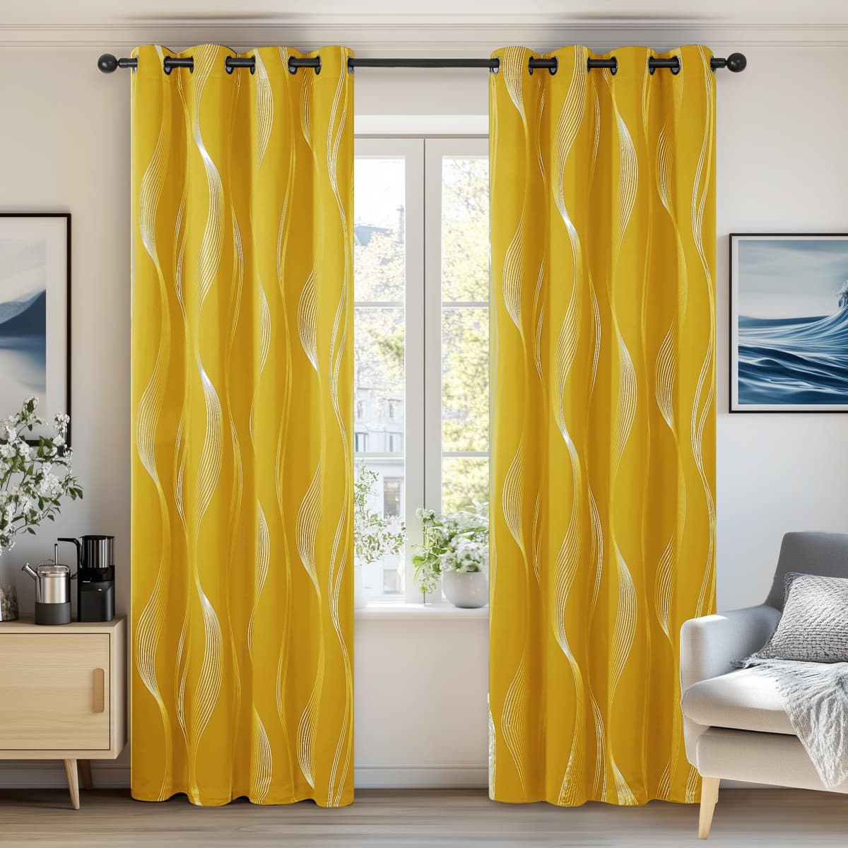 Deconovo Grey Blackout Curtains for Living Room 72 Drop Silver Wave Line Foil Printed Blackout Curtains Thermal Insulated Curtains Eyelet Curtains for Baby Nursery 46 x 72 Inch Light Grey Two Panels — view 39