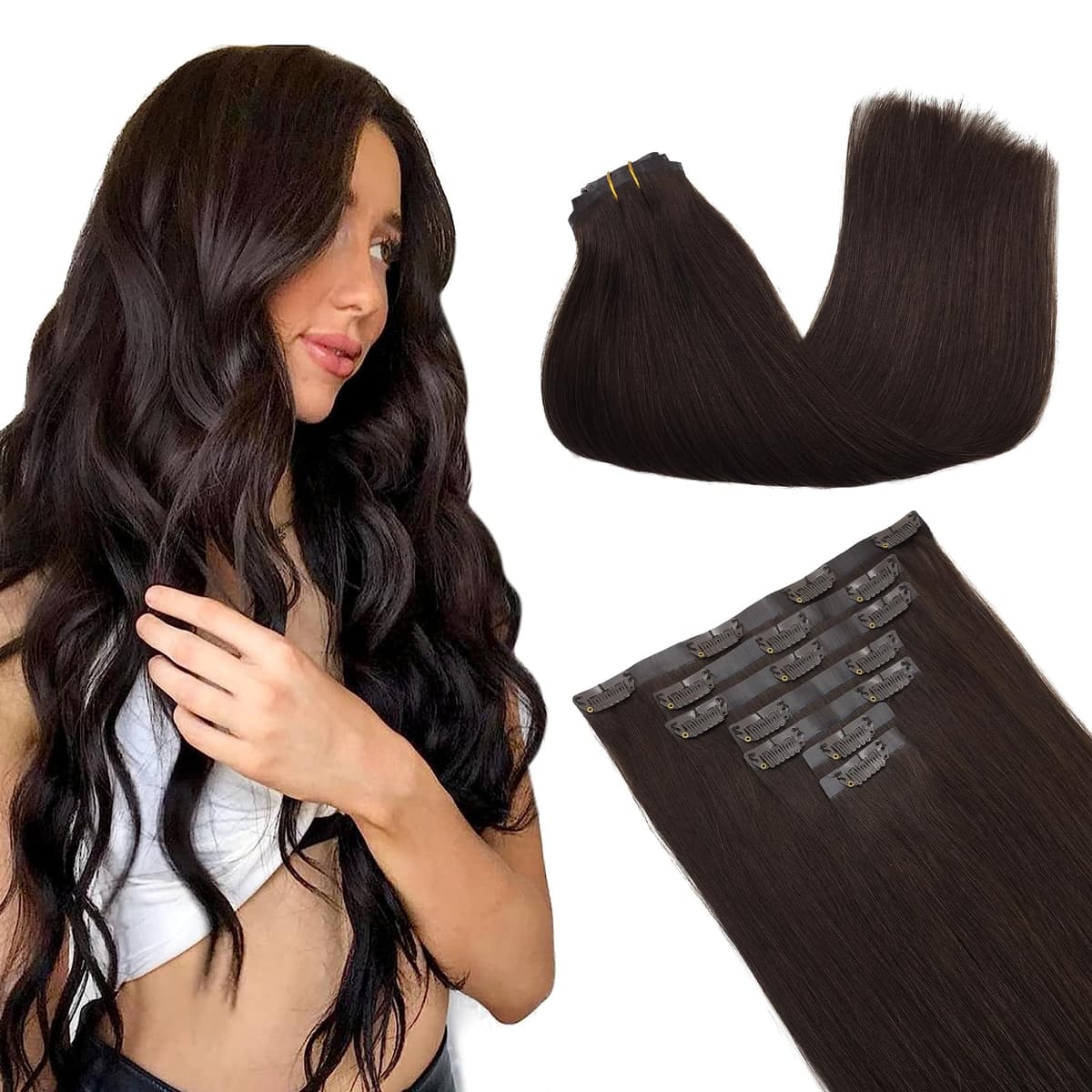 GOO GOO Clip in Hair Extensions Human Hair, 18inch 150g 9Pcs, #2 Dark Brown, Hair extensions for women, Human Hair Extensions Clip in — view 131