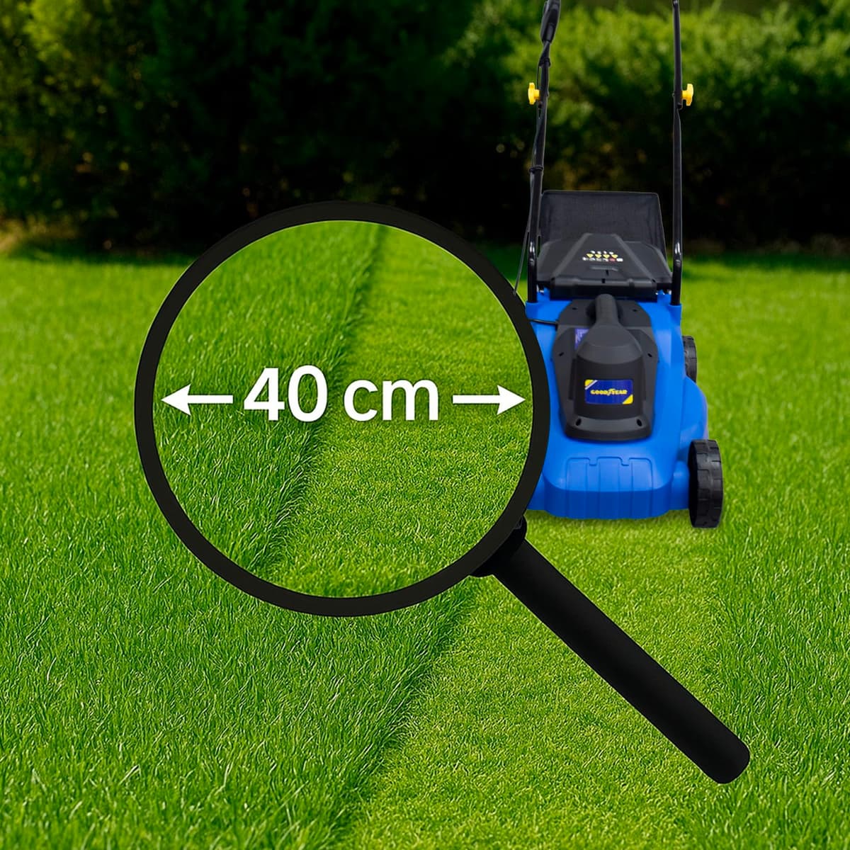 Goodyear - Cortacésped Eléctrico Rotativo 1800W, Ancho de Corte 40cm, Motor 3200 RPM, Segadora Eléctrica para Jardín hasta 300m², Altura Regulable y Bolsa de Recogida 35L, Ligero y Compacto — view 3