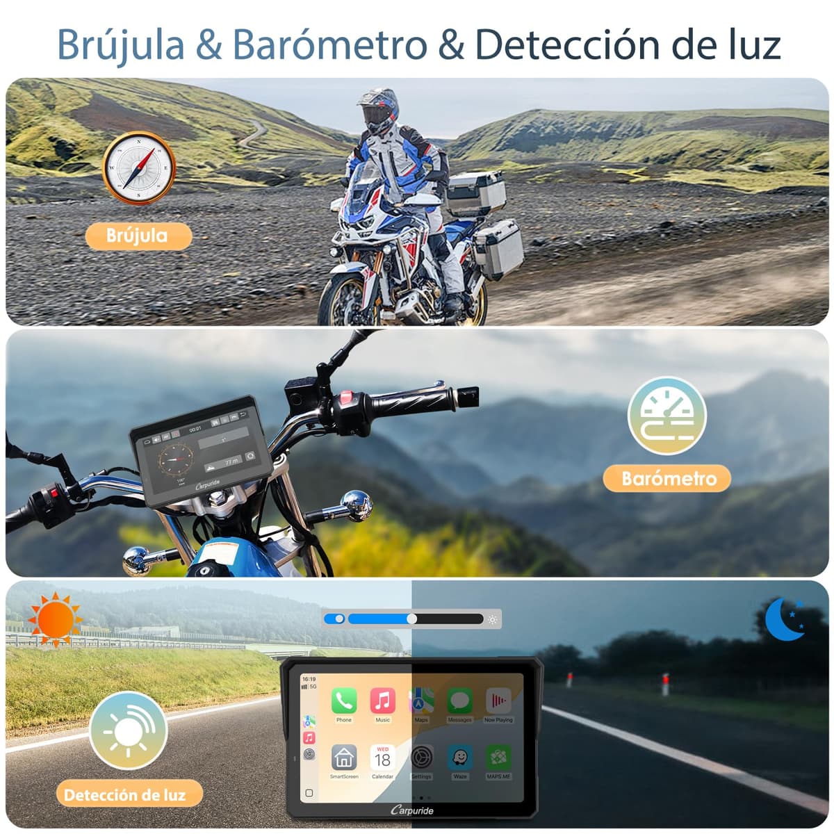 Carpuride W702T Pro Motocicleta Carplay Pantalla con TPMS Sistema, Inalámbrico CarPlay y Android Auto, 7" Impermeable Táctilpantalla, Dual Bluetooth, Intercomunicador Función, Nav, Brújula, Barómetro. — view 7