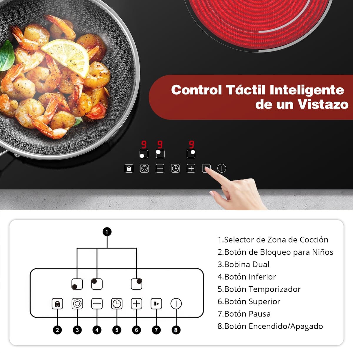 SNDOAS Placa Vitrocerámica 3 Fuegos 5200W, Vitroceramica 3 Zonas de Cocina (1200W+1800W+2200W), 9 Niveles de Calor, Seguridad para Niños, Temporizador 99 Min, Compatible con Todos los Utensilios — view 5