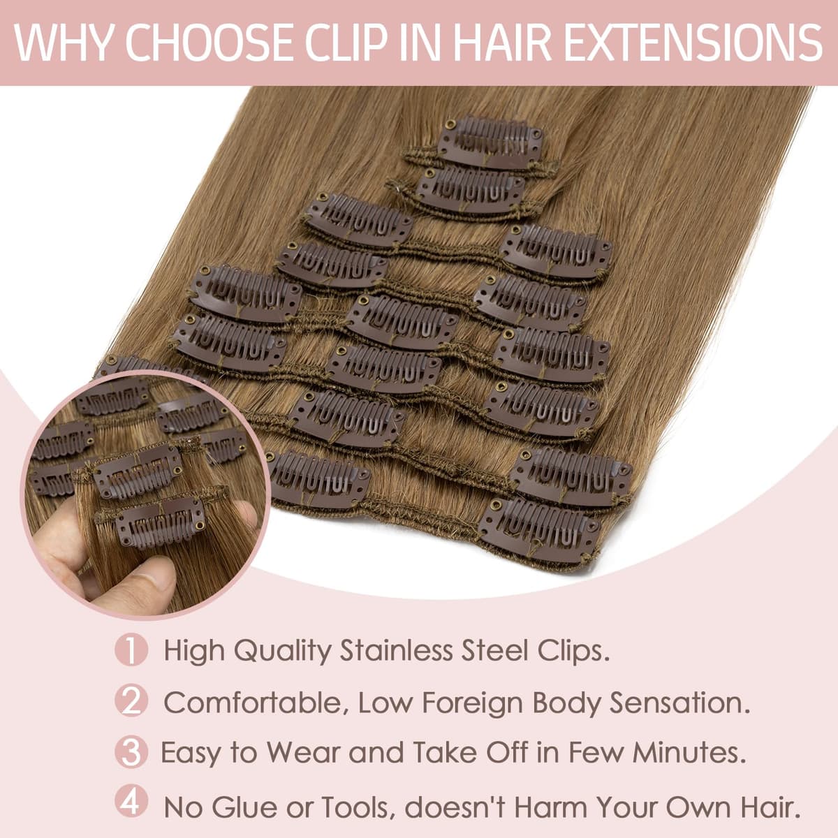 Silk-co 10inch Hair Extensions Clip in Hair Extension Human Hair #04 Medium Brown -Basic Thickness-Thin Weft- 8 Pieces Real Remy Straight Hair Extensions[50g] — view 87