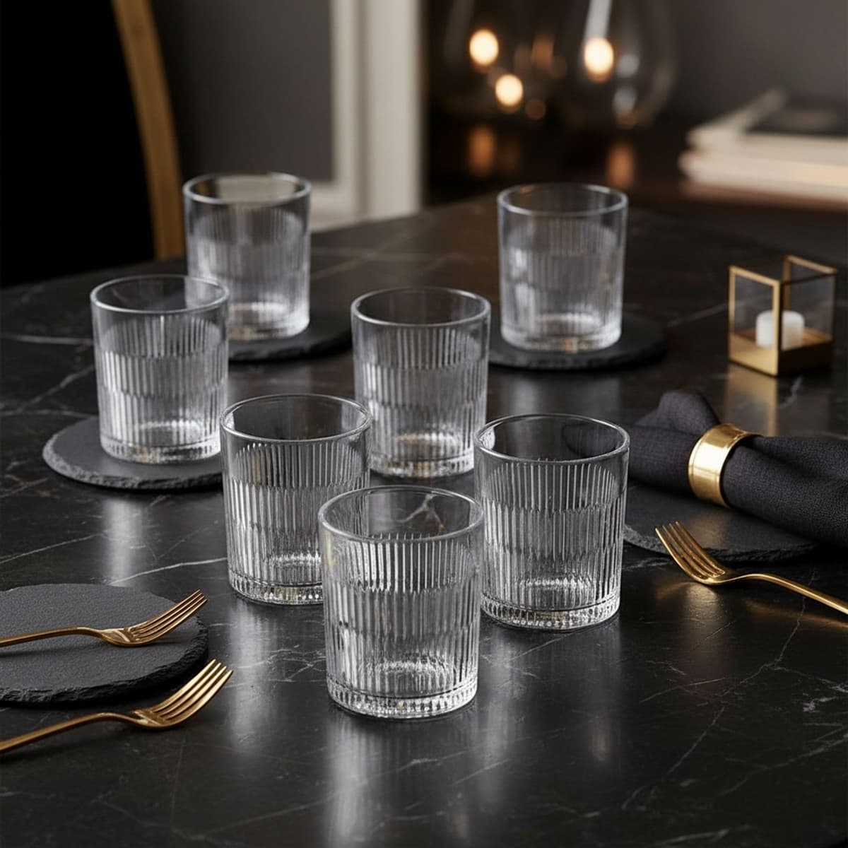 INDE SANTA CLARA | Set 6 Vasos de Cristal Agua 35cl Aberdeen Tallado Transparente, Vasos Bajos de Vidrio Claro, Vasos Agua Aptos Lavavajillas y Microondas — view 3