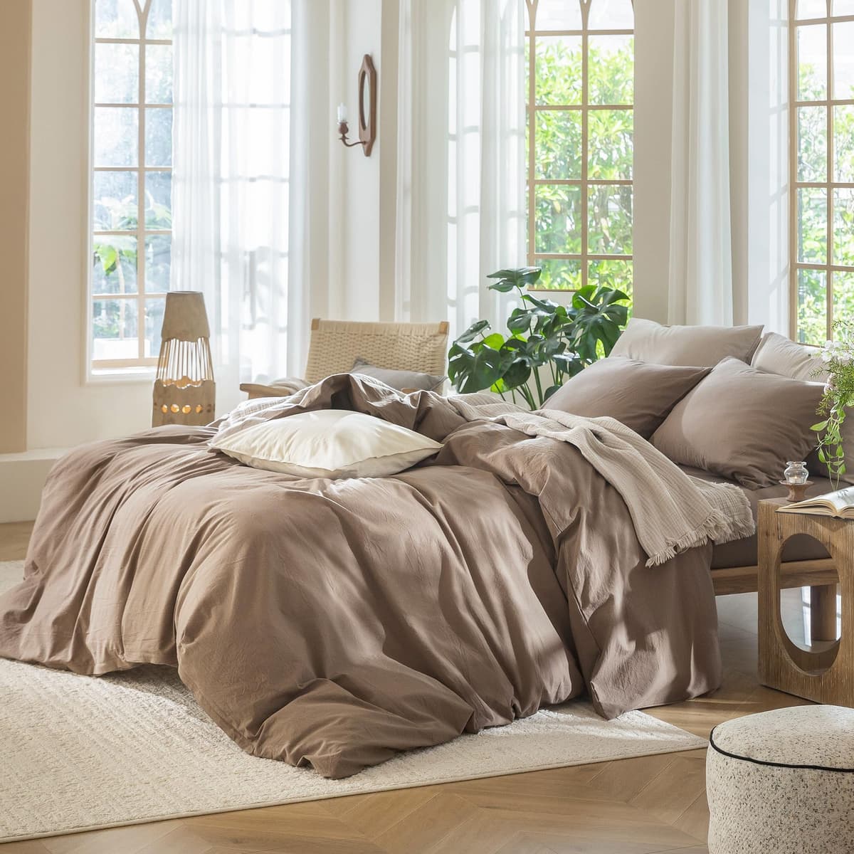 MooMee Bedding Duvet Cover Set 100% Washed Cotton Linen Like Textured Breathable Durable Soft Comfy (Tannish Linen Grey, King) — view 246