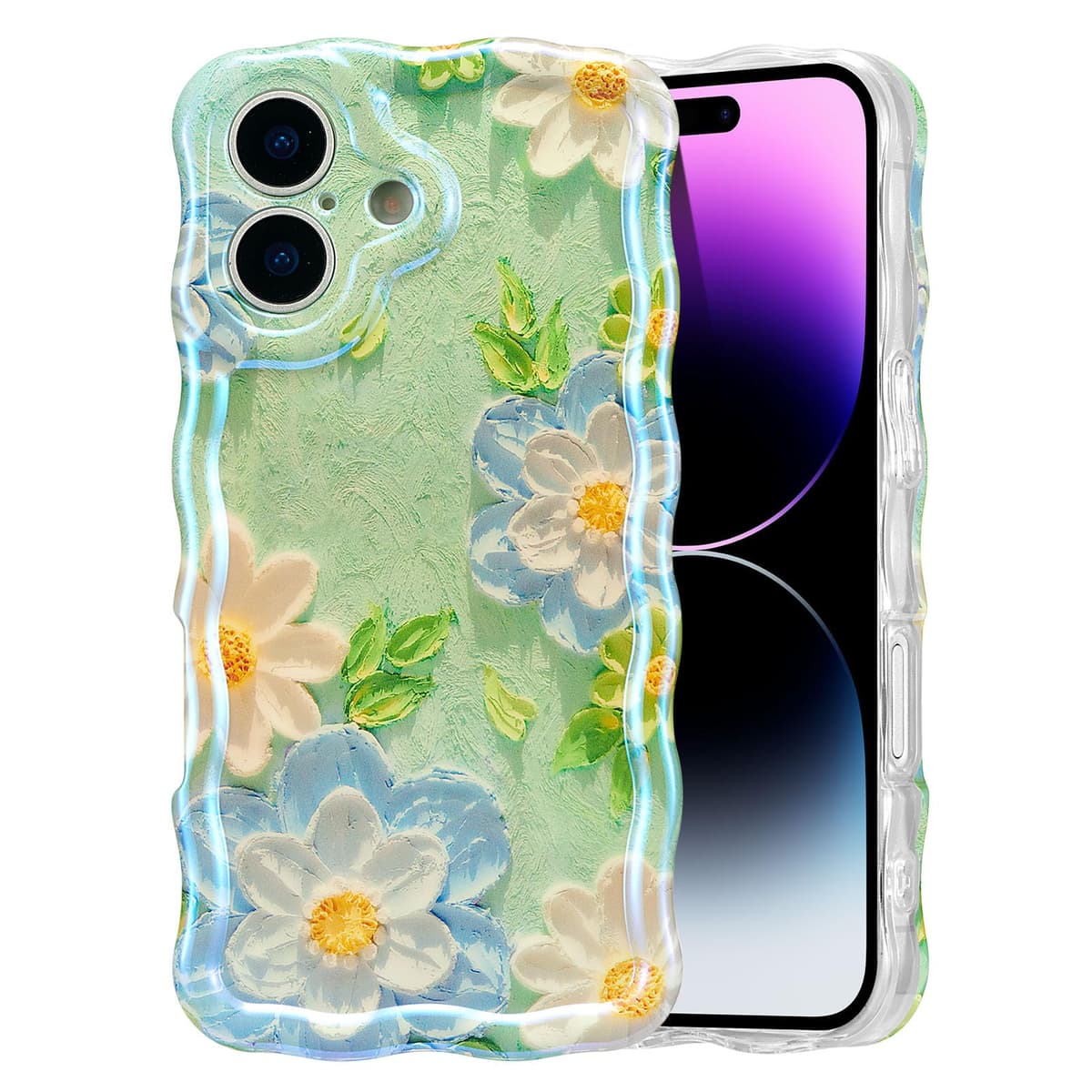 EYZUTAK Case for iPhone 16, Colorful Retro Oil Painting Printed Flower Laser Glossy Pattern Cute Curly Wave Edge Exquisite Phone Cover Stylish Durable TPU Protective Case for Girl Women-Green — view 69
