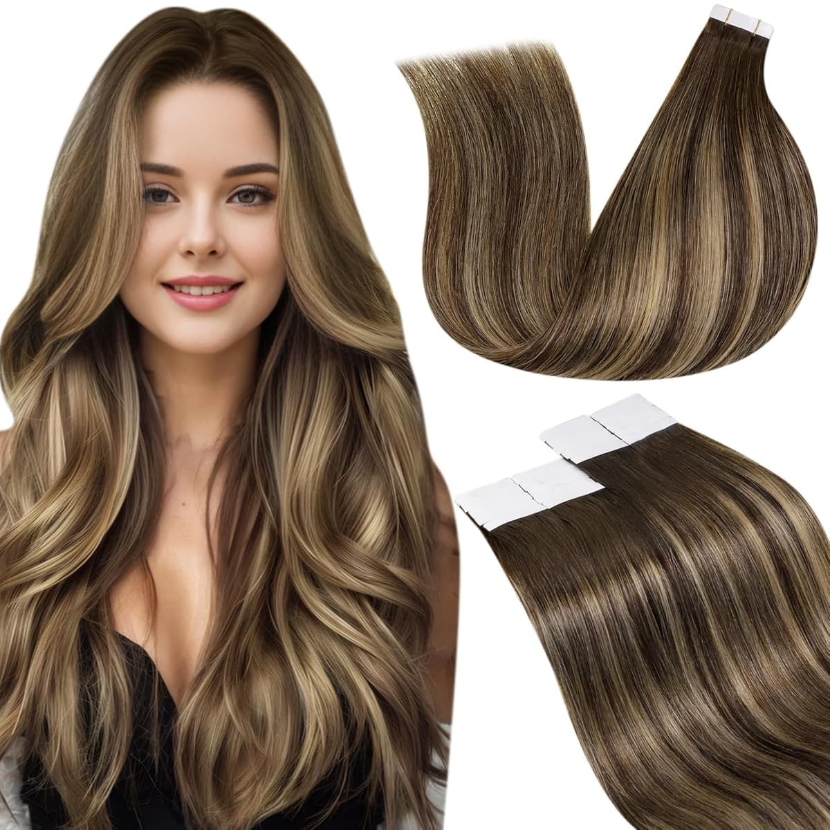 LaaVoo Tape in Hair Extensions Human Hair Blonde Tape Hair Extensions Real Human Hair Invisible Tapes Remy Straight Balayage Brown to Blonde Hair Double Sided Tabs 20pcs 50g 16 Inch #8/18/60 — view 39