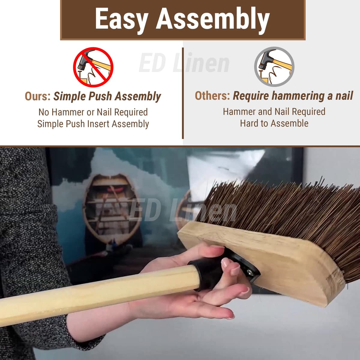10” Outdoor Garden Broom with Wooden Handle Natural Stiff Bassine Hard Bristle with Durable Support Bracket Yard Brush Heavy Duty Broom Outdoor Cleaning Sweeping (PACK OF 1) — view 4