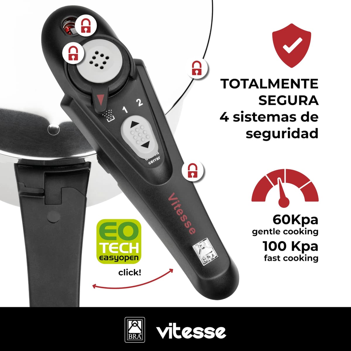BRA Vitesse Olla Express de 6 Litros, Fabricada en Acero Inoxidable 18/10, Con 2 Programas de Cocción y Sistema de Bloqueo de Apertura, Aptas para Todo Tipo de Cocinas — view 3