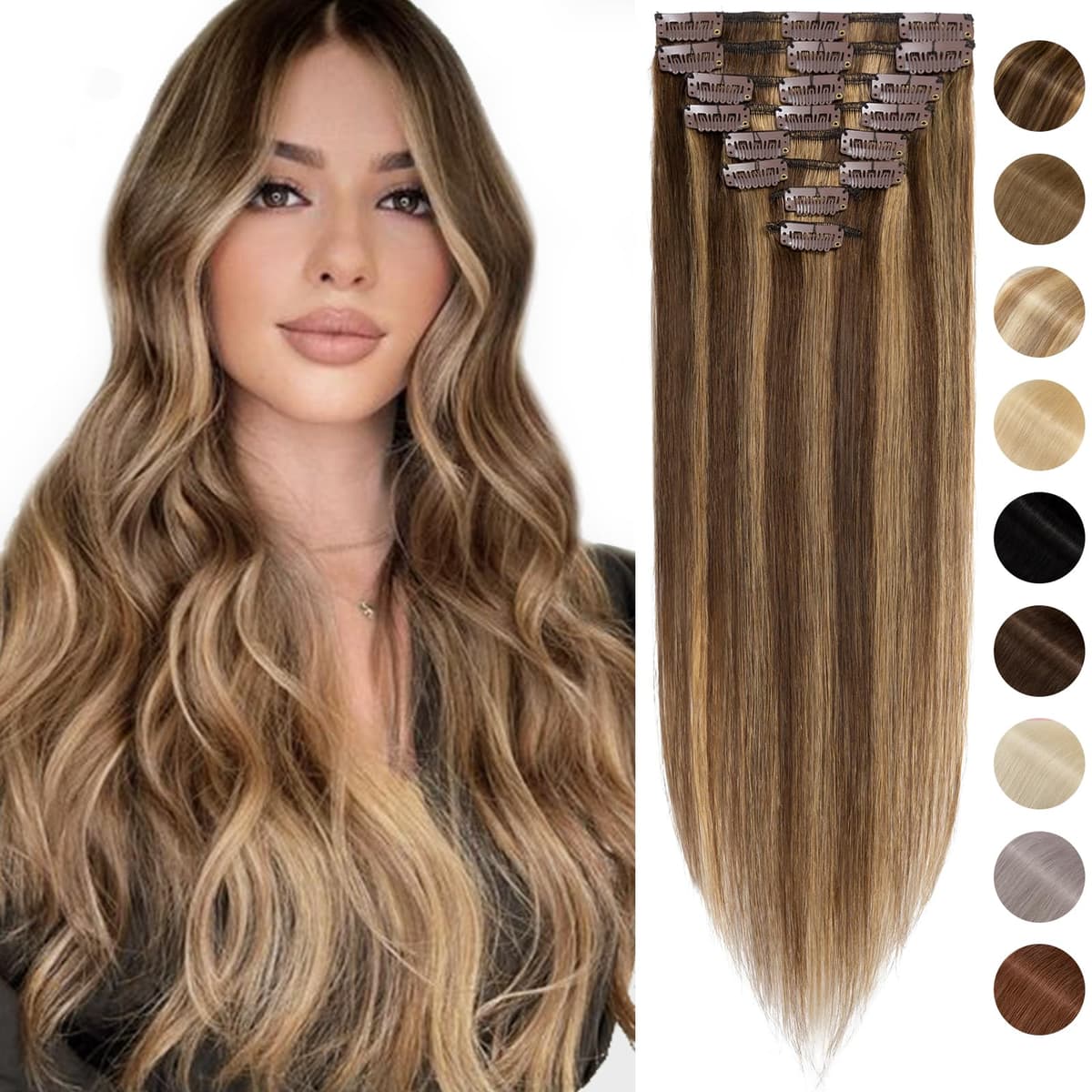 Silk-co 10inch Hair Extensions Clip in Hair Extension Human Hair #04 Medium Brown -Basic Thickness-Thin Weft- 8 Pieces Real Remy Straight Hair Extensions[50g] — view 49