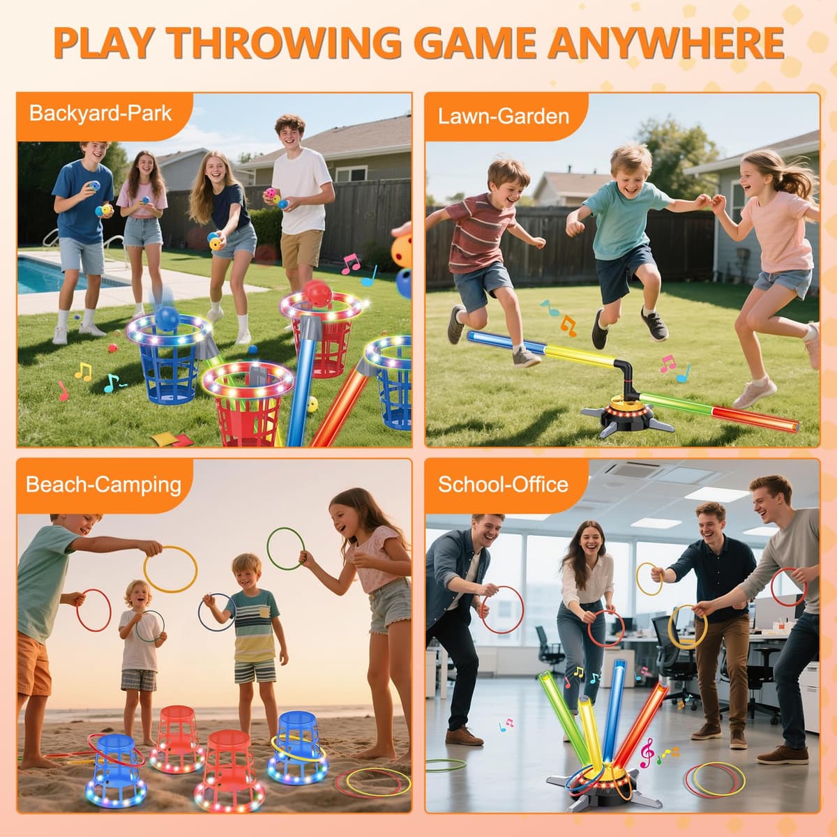 TERRAMUS 3 in 1 Bean Bag Ring Toss Game for Kids, Rechargeable Musical Jumping Games w/LED Light & Remote, Electric Spinning Base, Sandbags, Rings, Carnival Indoor Outdoor Sport Toy for 3+ Boys Girls — view 7