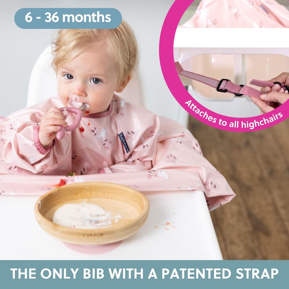 BIBaDO - Long Sleeve Baby Bibs - Babies & Toddlers 6-36 Months - Coverall Weaning Bib - Easy Wipe Clean & Soft Fabric - Attach to Highchair & Tables - Waterproof - Machine Washable — view 2