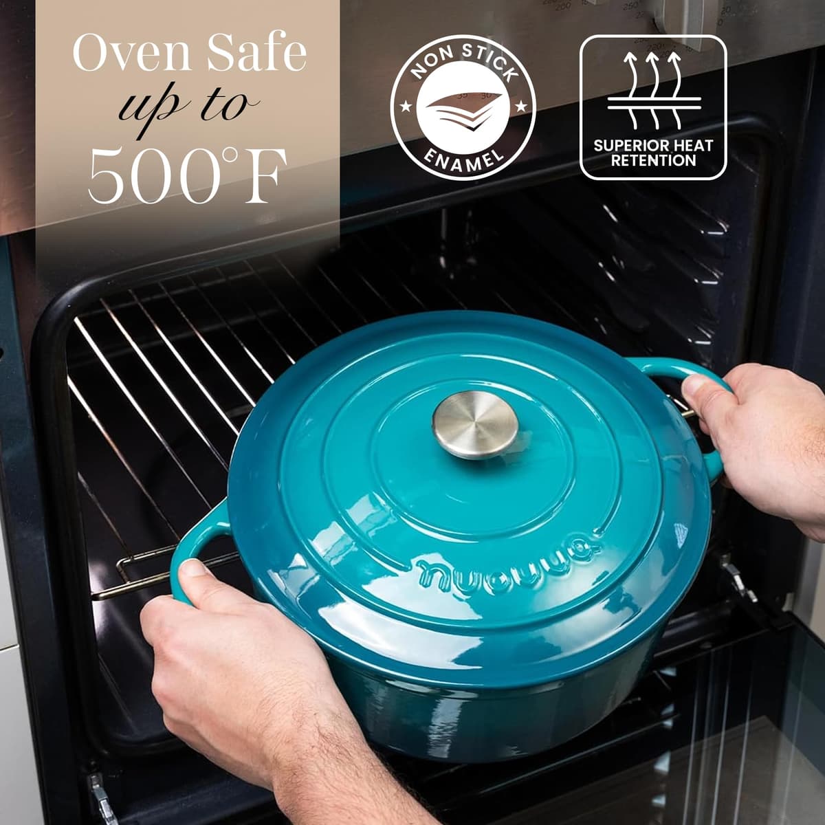 Nuovva Enamelled Cast Iron Dutch Oven Pot with Lid – 3.1 Quart Casserole Dish – Ceramic Dutch Oven for Bread Baking, Roasting, Braising & Stews – Oven Safe up to 500°F – 22cm Teal — view 5