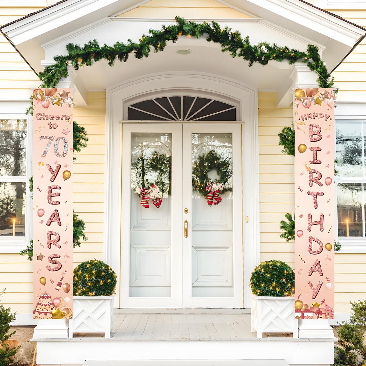 Happy 70th Birthday Door Banner, 70th Birthday Decorations Banner for Her, Rose Gold 70 Banners Porch Sign for Birthday Party Indoor Outdoor Decoration — view 5