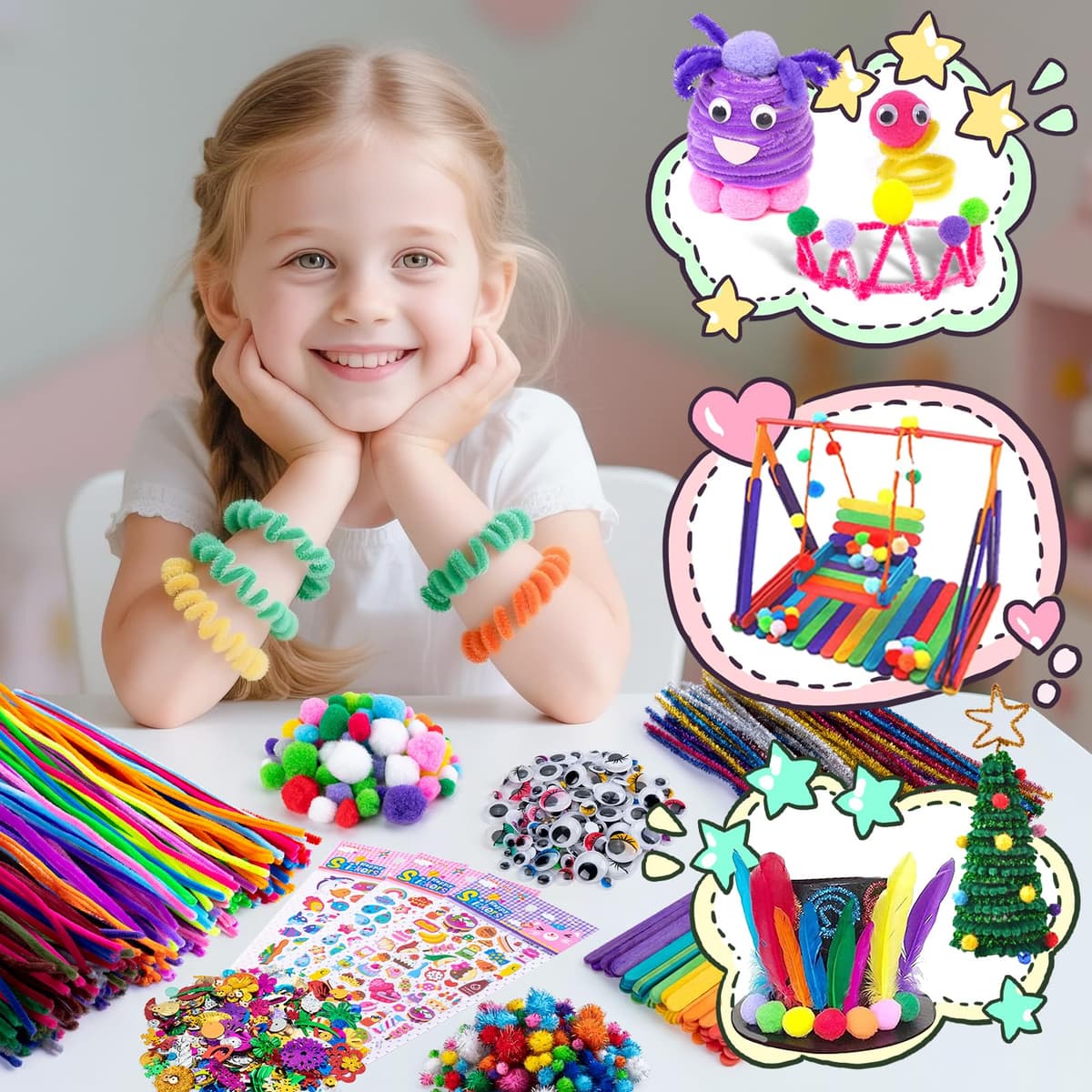 Sundaymot DIY Craft Kits for Kids, Arts and Crafts for Kid with Pipe Cleaners, Feather, Crafting Box and Pom Poms, Toddlers Kids Activity Packs Toys for Girls Boys Ages 3-12 Birthday Gifts — view 6