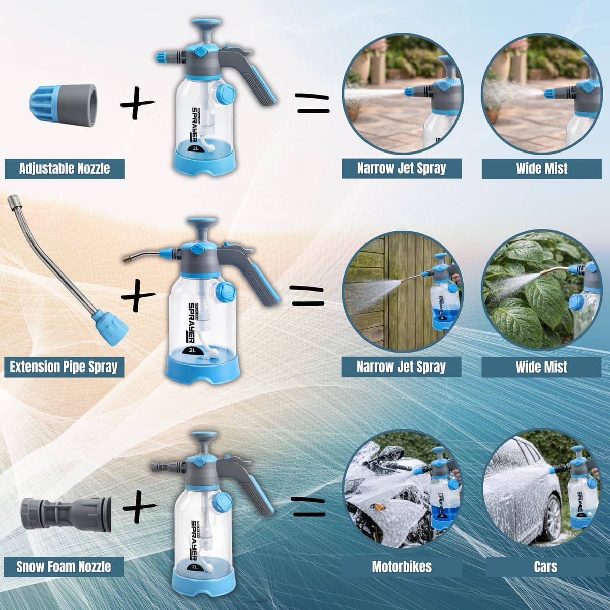 Pro-Kleen 2L Hand Pump Sprayer, Snow Foam Spray Bottle with 3 Adjustable Nozzles for Car Wash, Valeting, Garden, Plants, Patio, Home and Outdoor Cleaning — view 3