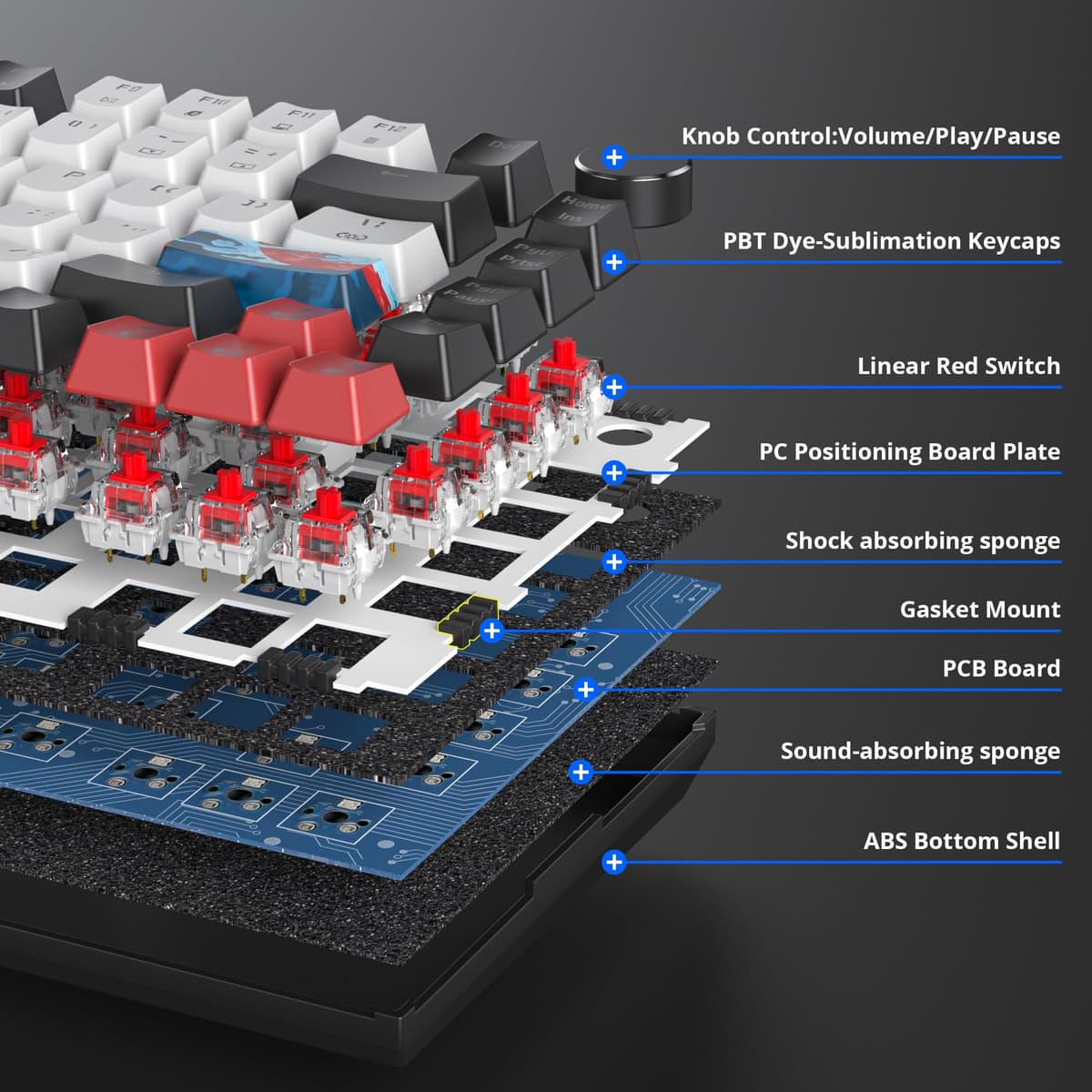 Solidee - Teclado mecánico con cable 75% intercambiable a caliente,Teclado retroiluminado RGB con interruptor rojo,TKL 82 teclas,Teclado compacto NKRO con botón de control de volumen (82 Black_White) — view 4