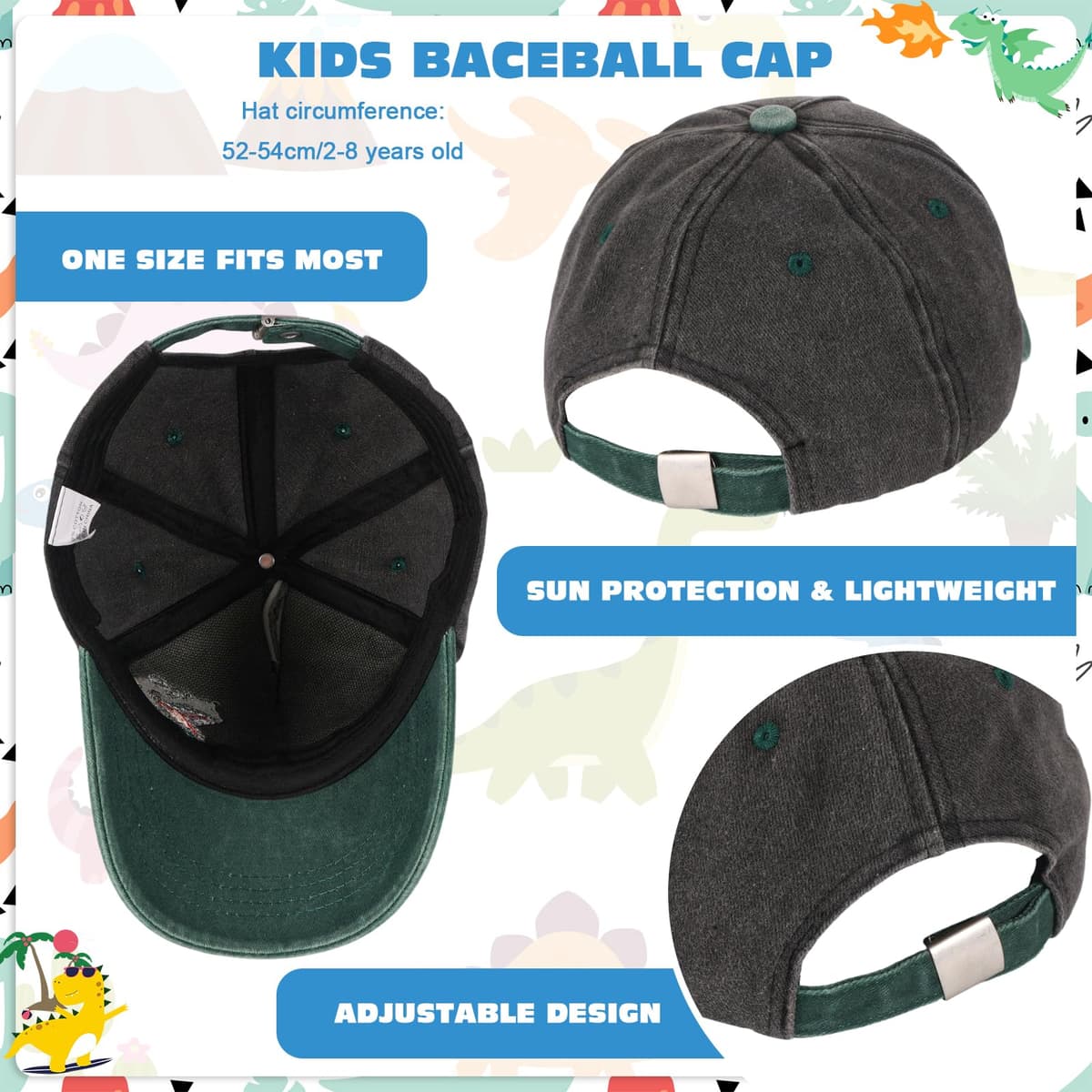 QKURT Gorra de béisbol Infantil con diseño de Dinosaurio, Ideal para el Sol, Ideal para el Verano, con protección Solar, Ajustable, Ideal para la Playa, para Jugar al Aire Libre, de 2 a 8 años. — view 2