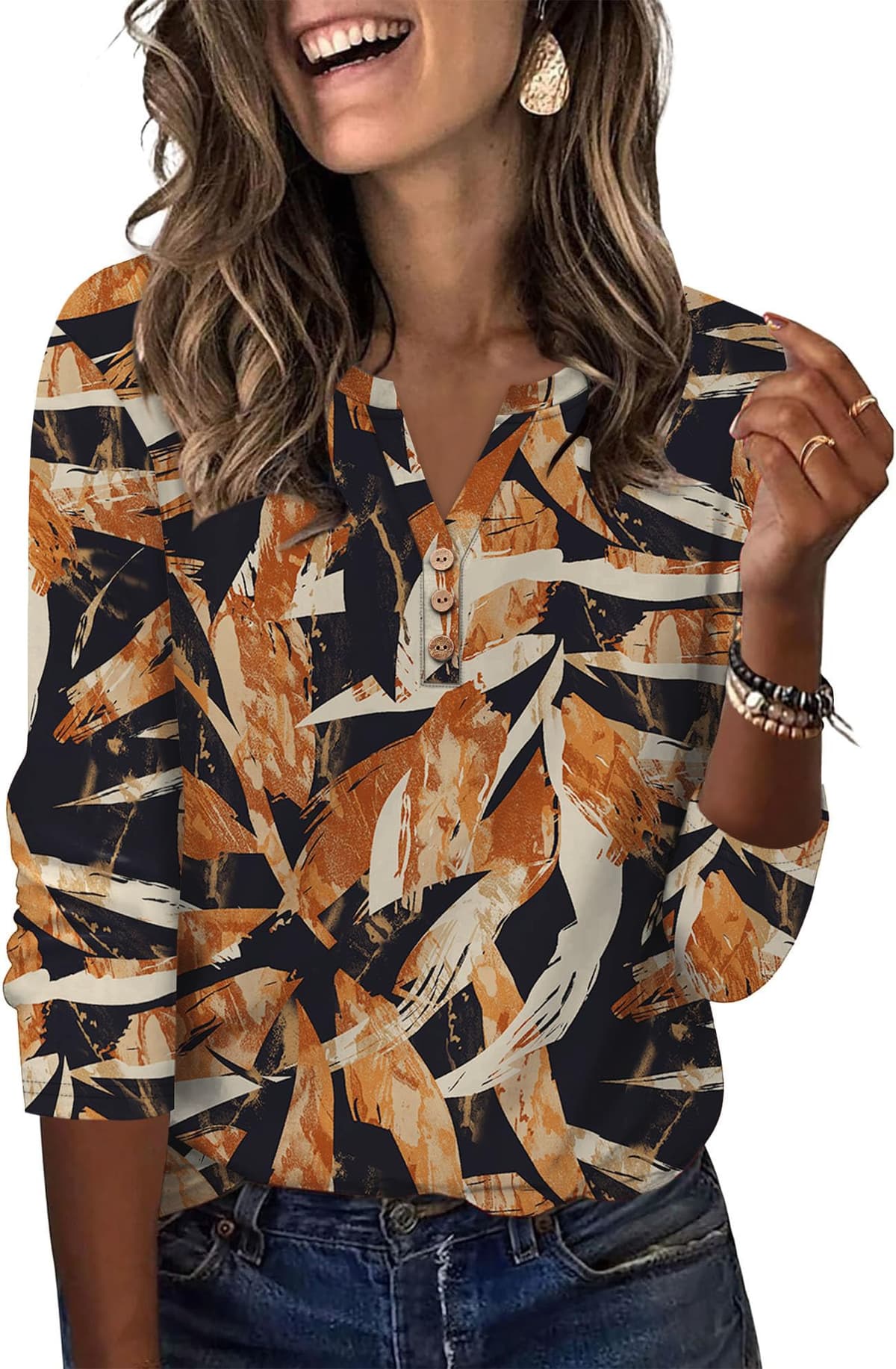 Aokosor Womens 3/4 Sleeve Tops Ladies Blouse V Neck Tunic Long Sleeve T Shirts Curved Hem Office Wear — view 14