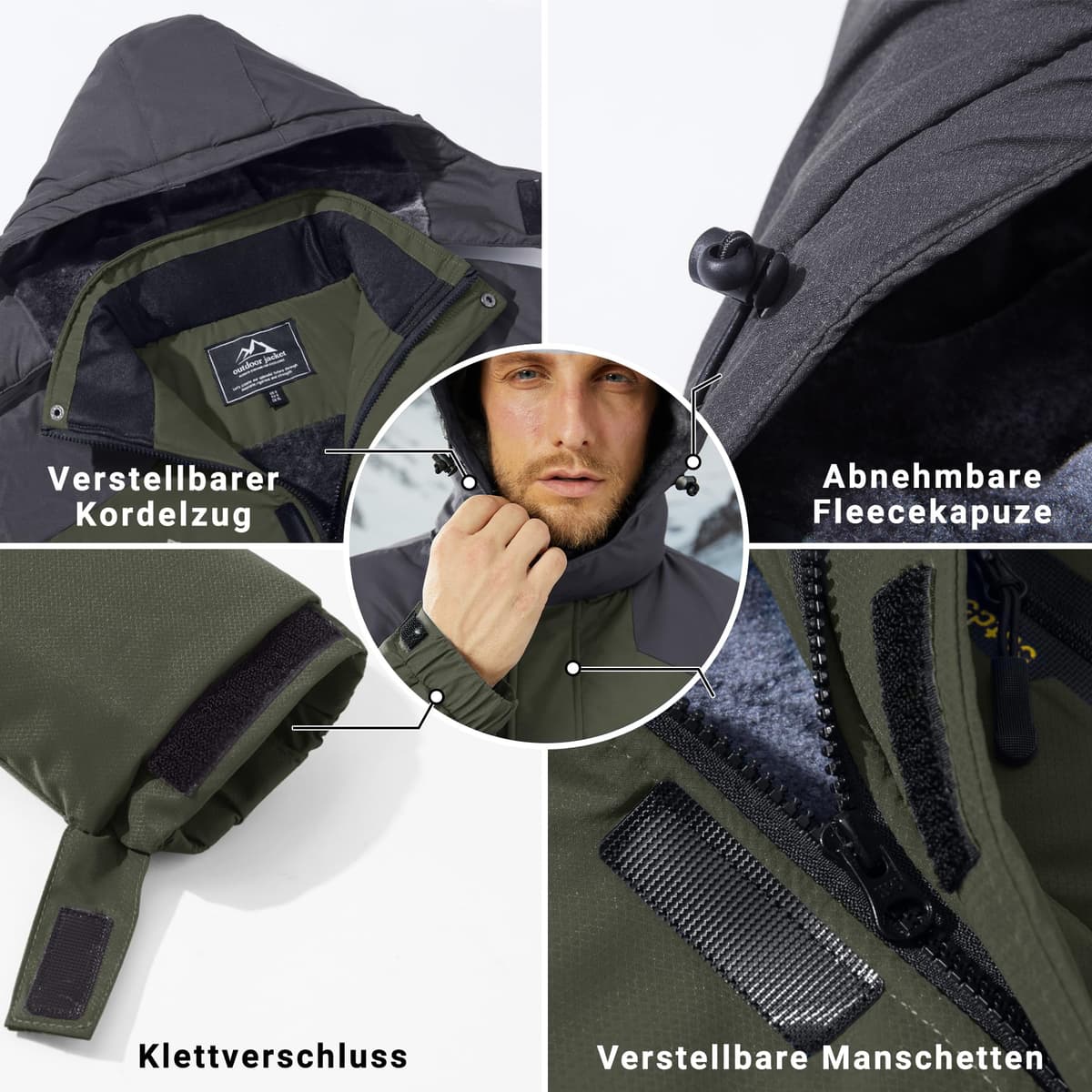 KEFITEVD Hombre Impermeables Lana Chaquetas Impermeables Esquí Cálidos Invierno Abrigos Térmicos Exteriores Abrigos con Capucha Desmontable — view 4
