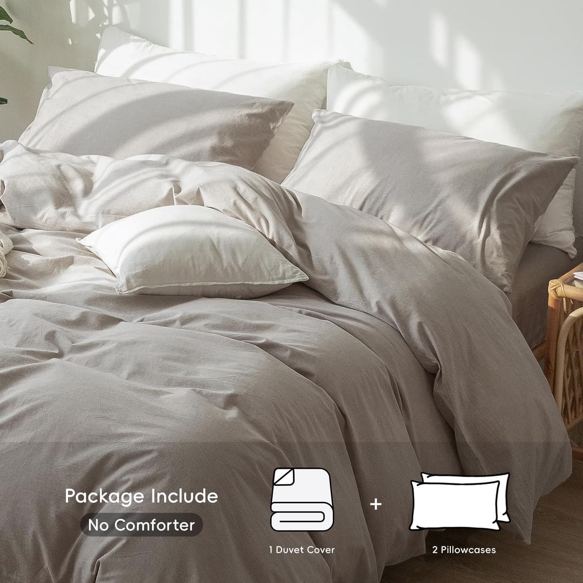 MooMee Bedding Duvet Cover Set 100% Washed Cotton Linen Like Textured Breathable Durable Soft Comfy (Tannish Linen Grey, King) — view 172