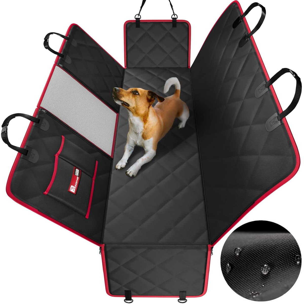 Dog Hammock for Car Back seat with Mesh Visual Window, Side Flaps with Zipper, Padded 4 Layers Waterproof Heavy Duty Hammock with Storage Bag, Scratch Proof Nonslip Pet Car Seat Cover (Black/Red) — view 2